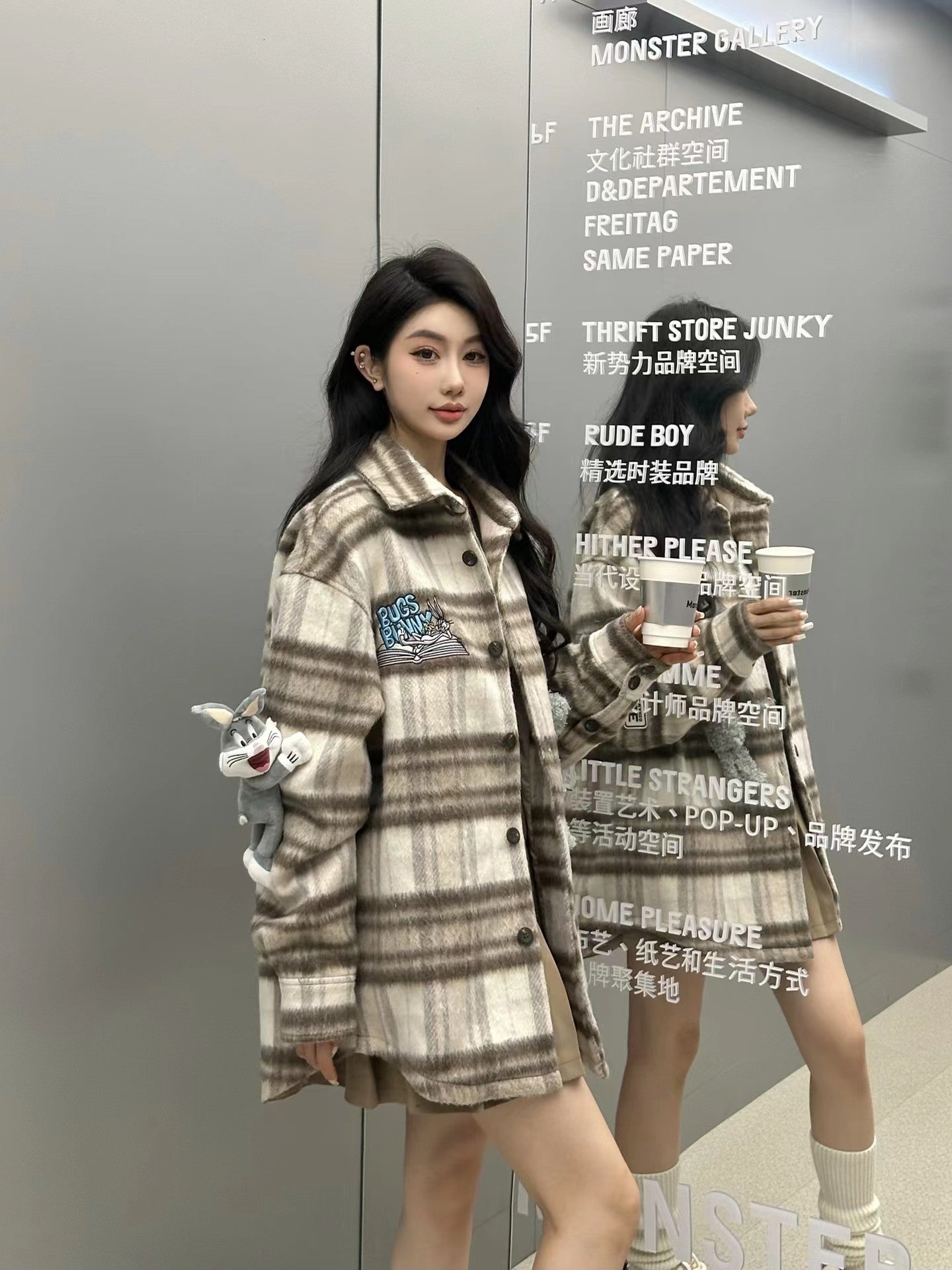 13 De Marzo X Looney Tunes Brown Bugs Bunny Plaid Shirt Coat