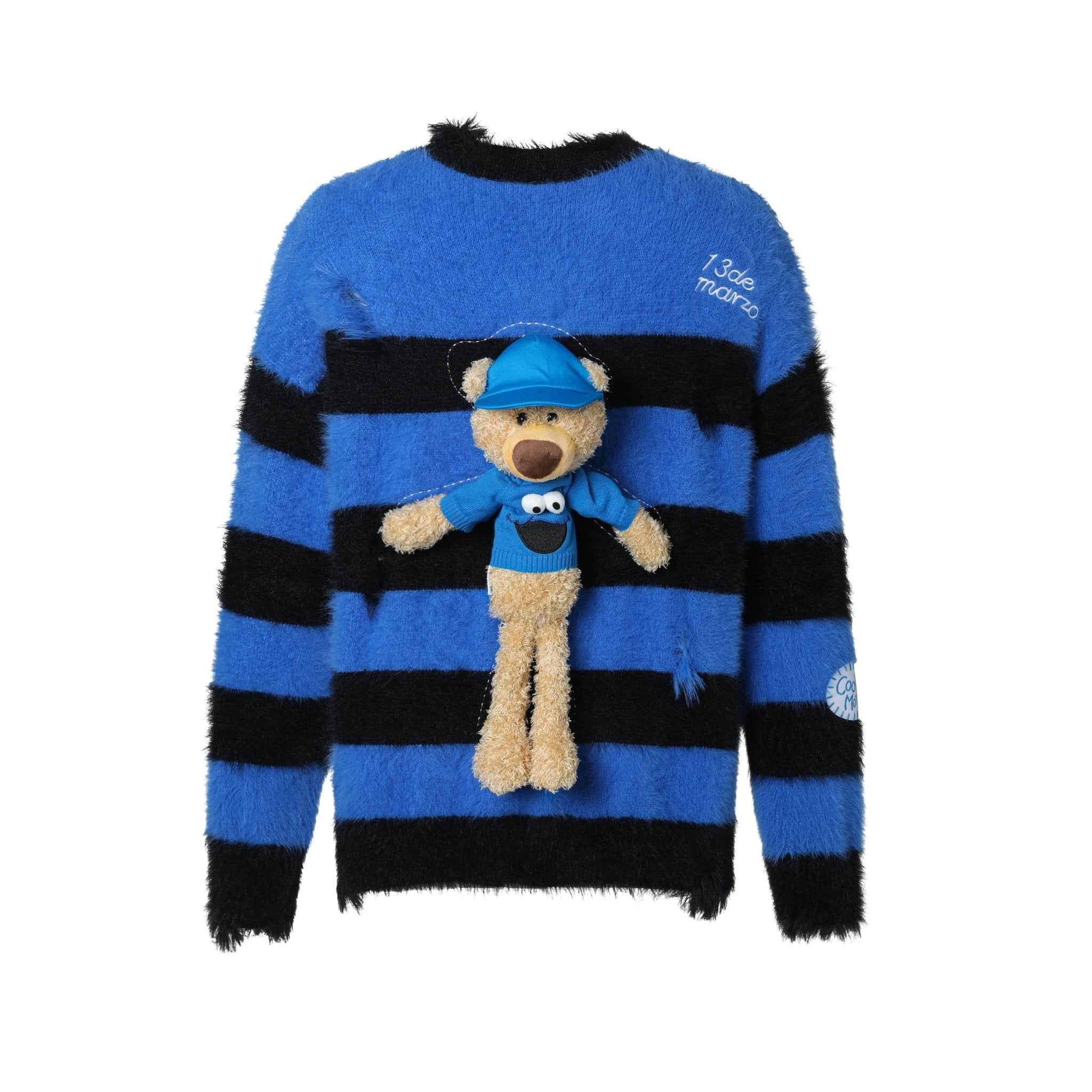 13DE MARZO x Sesame Street Elmo Bear Faux Mink Blue Striped Sweater