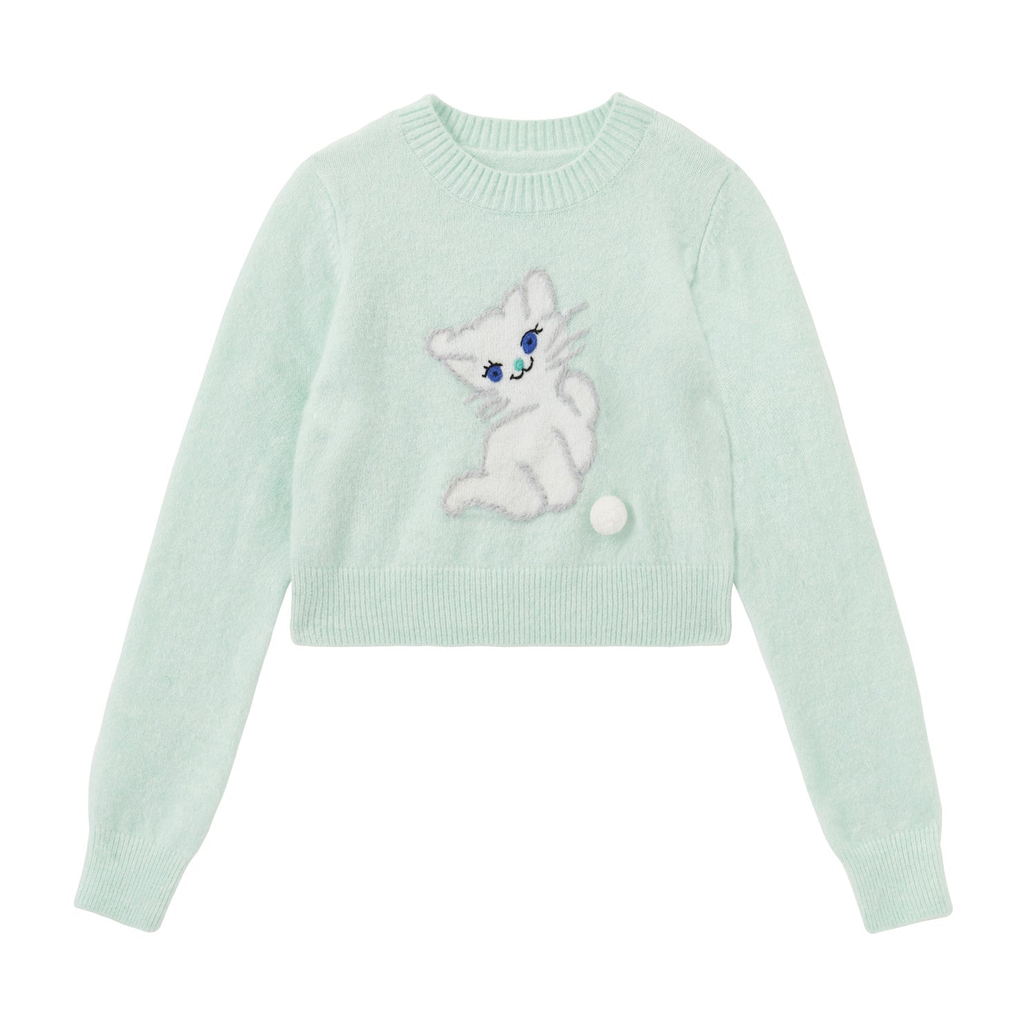 Aqua Green Knit Shirt With Kitty Embroidery