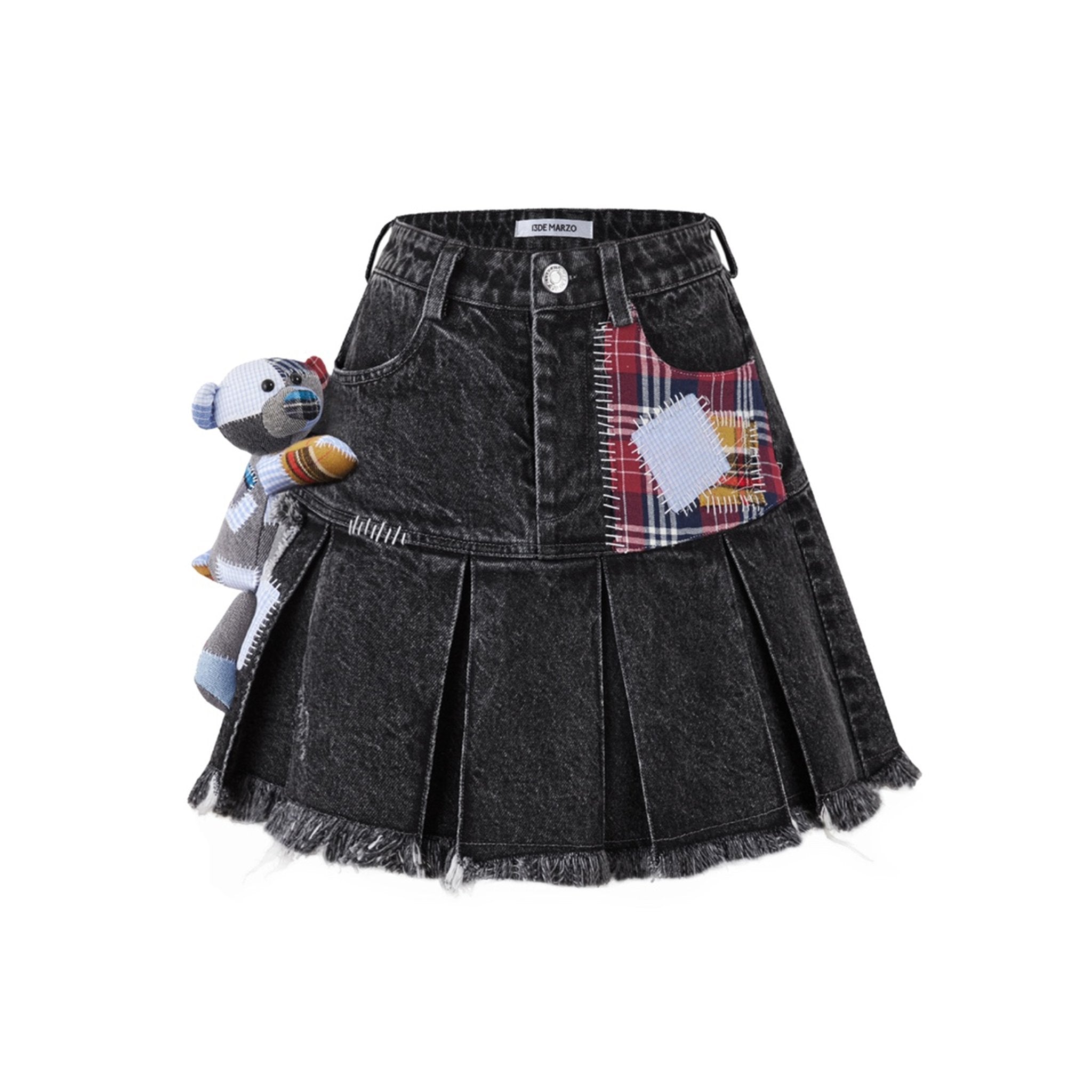 Bear Patch Suture Denim Skirt Washed Black