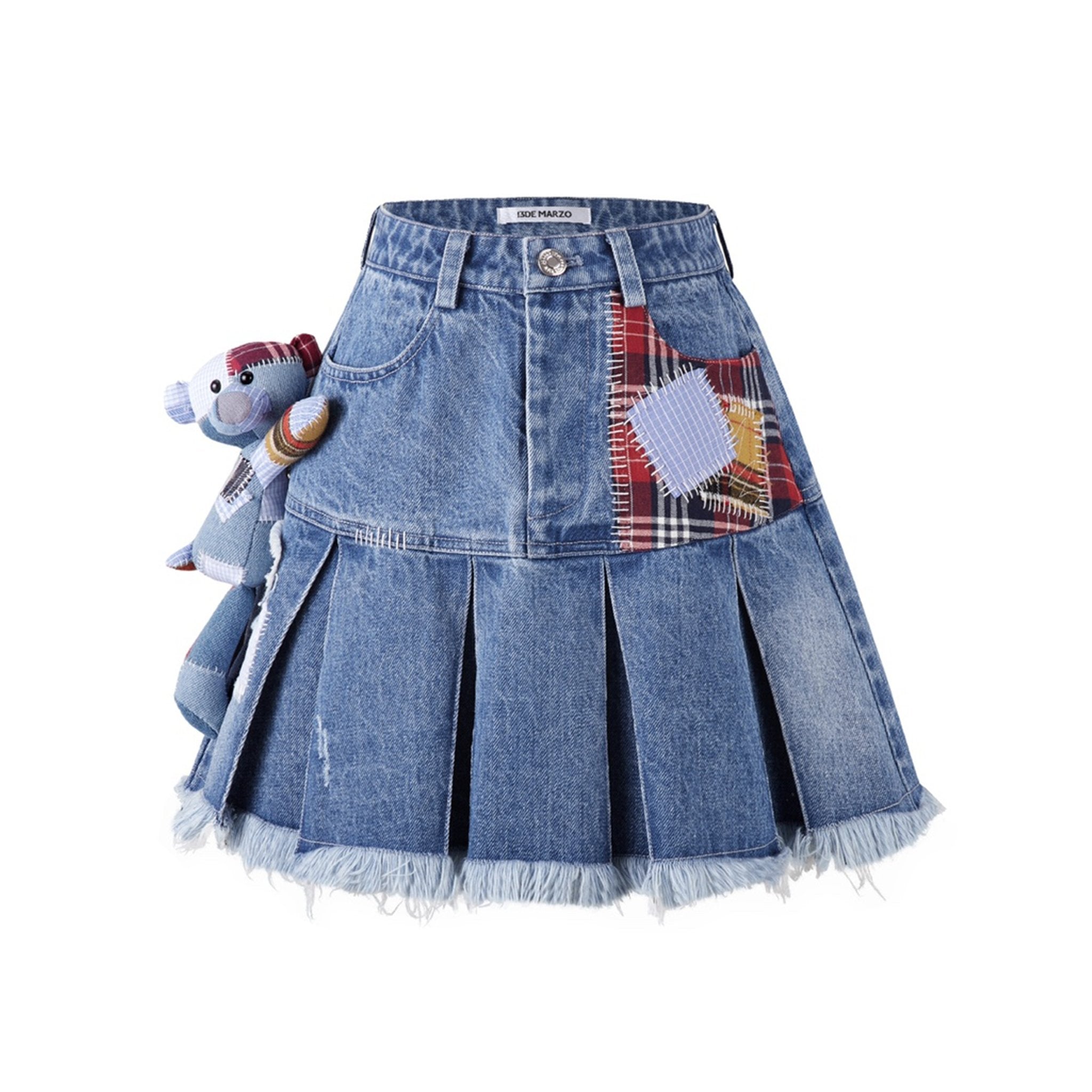 Bear Patch Suture Denim Skirt Washed Blue