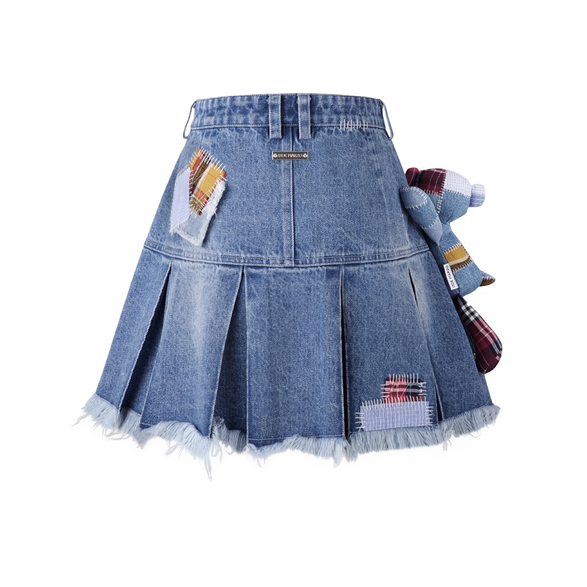 Bear Patch Suture Denim Skirt Washed Blue