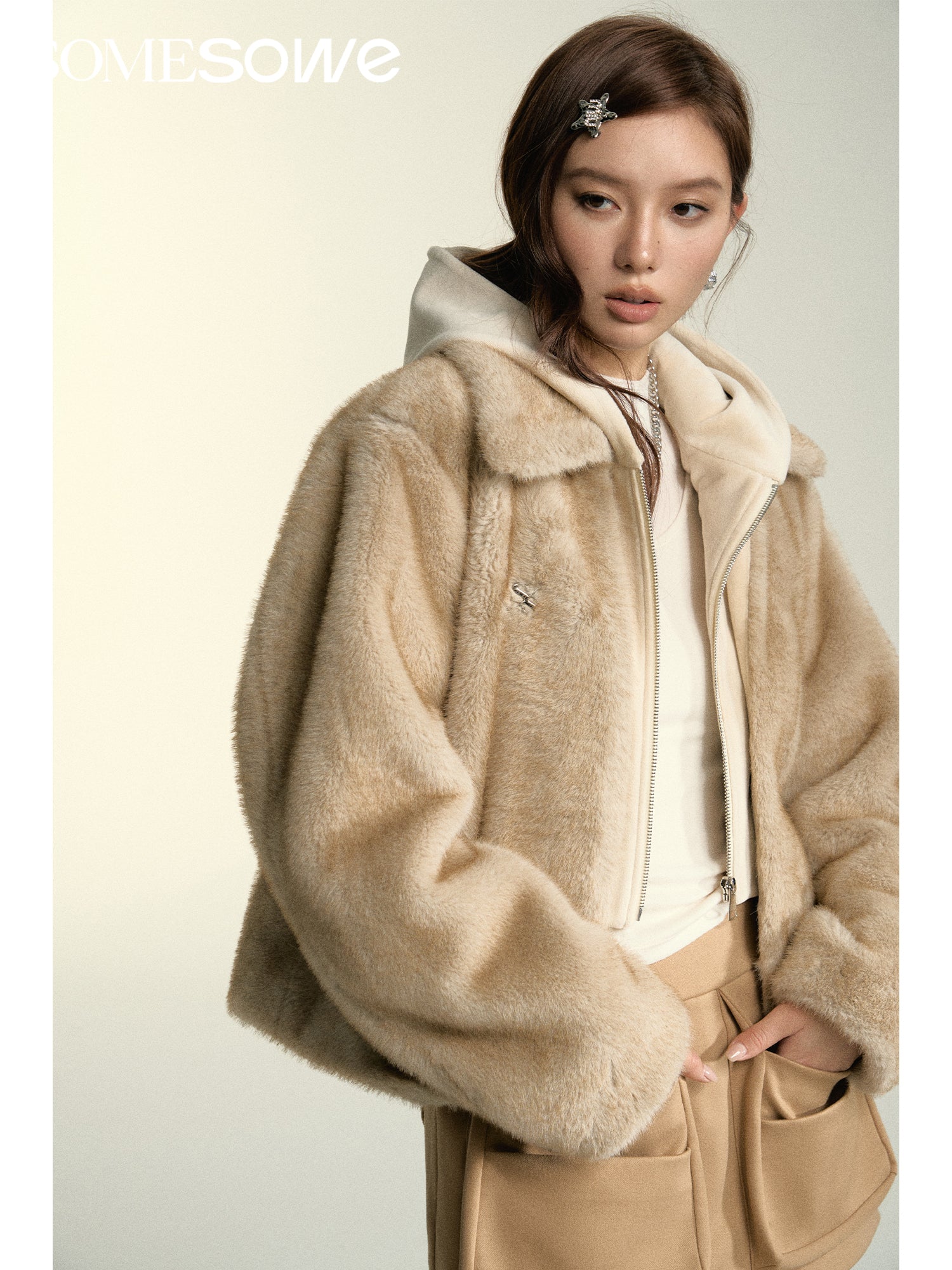 Beige Faux Fur Two Piece Coat