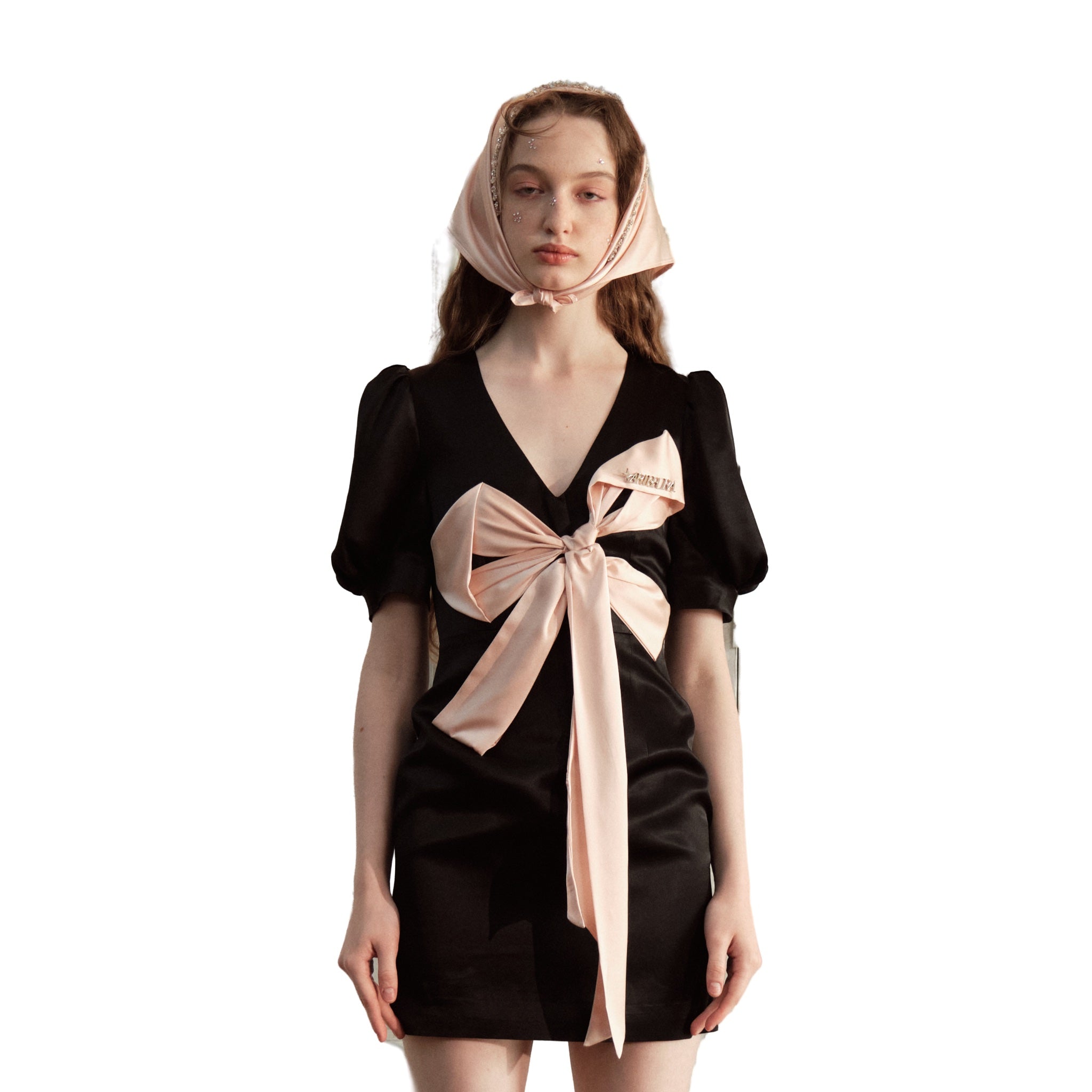 Black Acetate Dress With Pink Bow Tie In Front