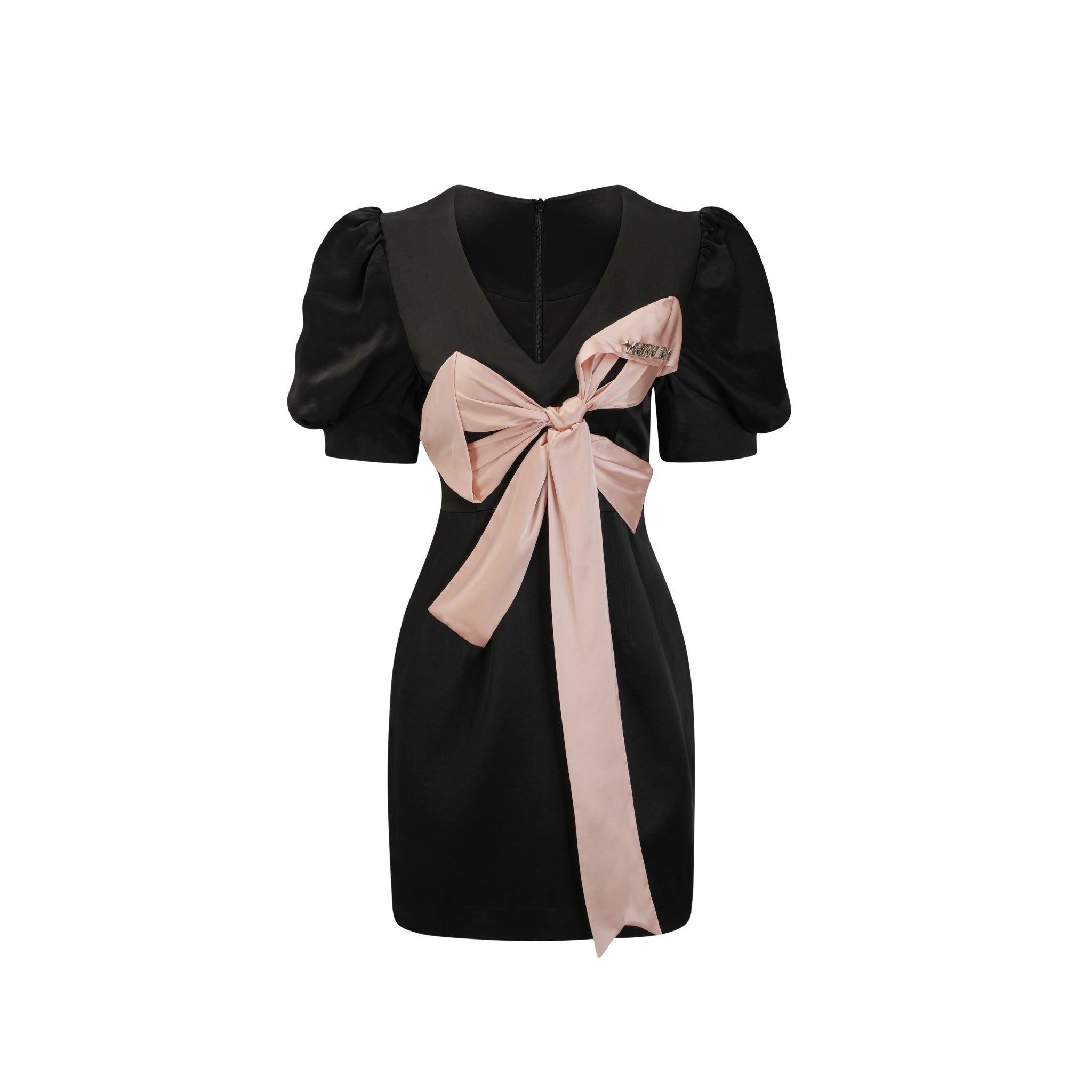 Black Acetate Dress With Pink Bow Tie In Front