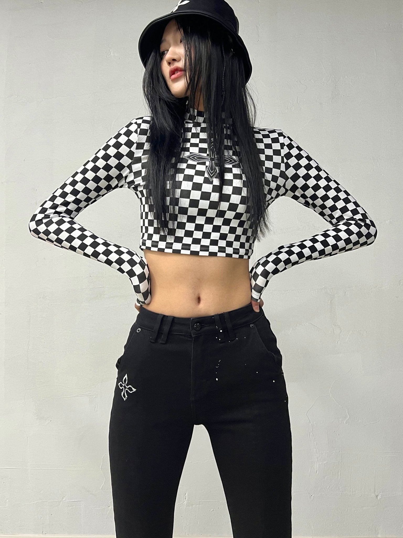 Black And White Grid Turtleneck Top