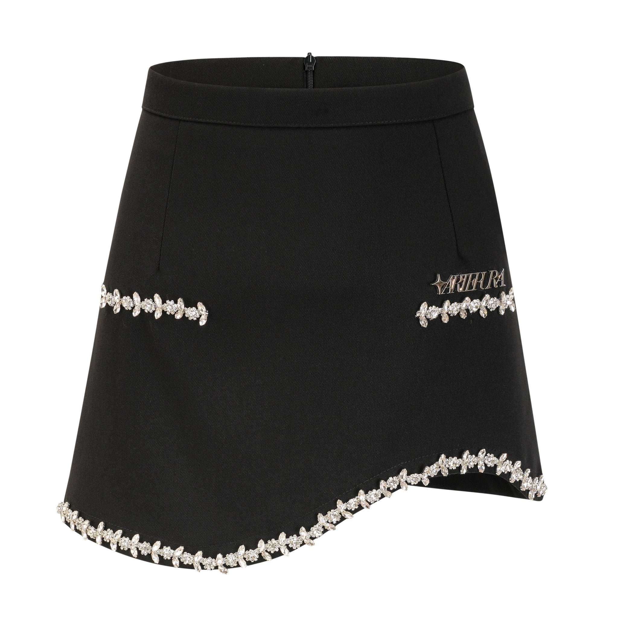 Black Curved Hem Skirt With Rhinestone Chain