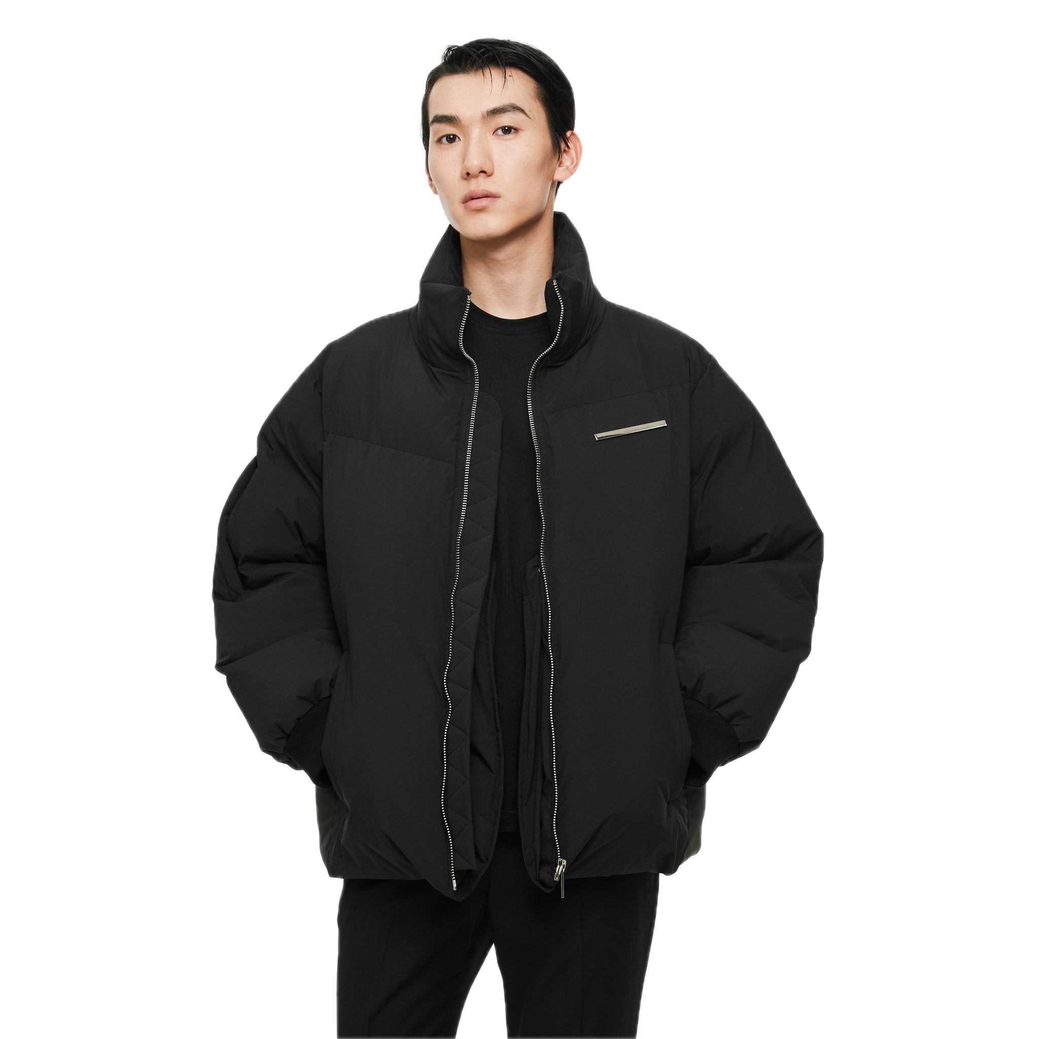 Black Customized Mirror Metal Strip Long short Padded Jacket