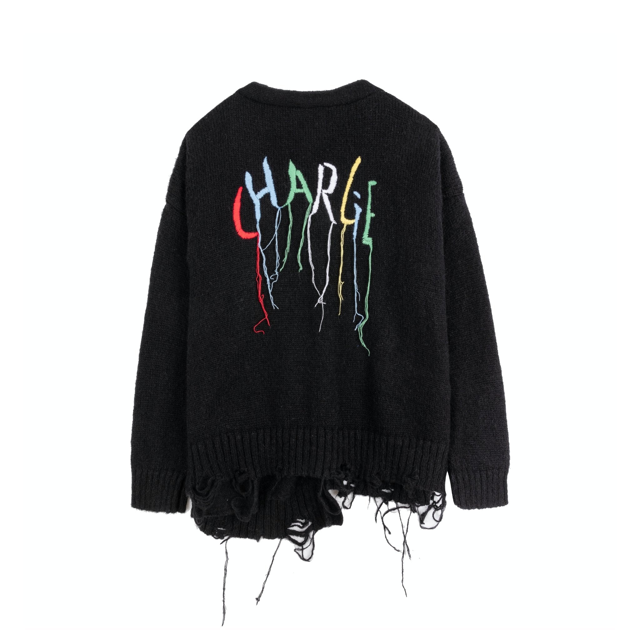 Black Destroyed Fringe Logo Print Cardigan