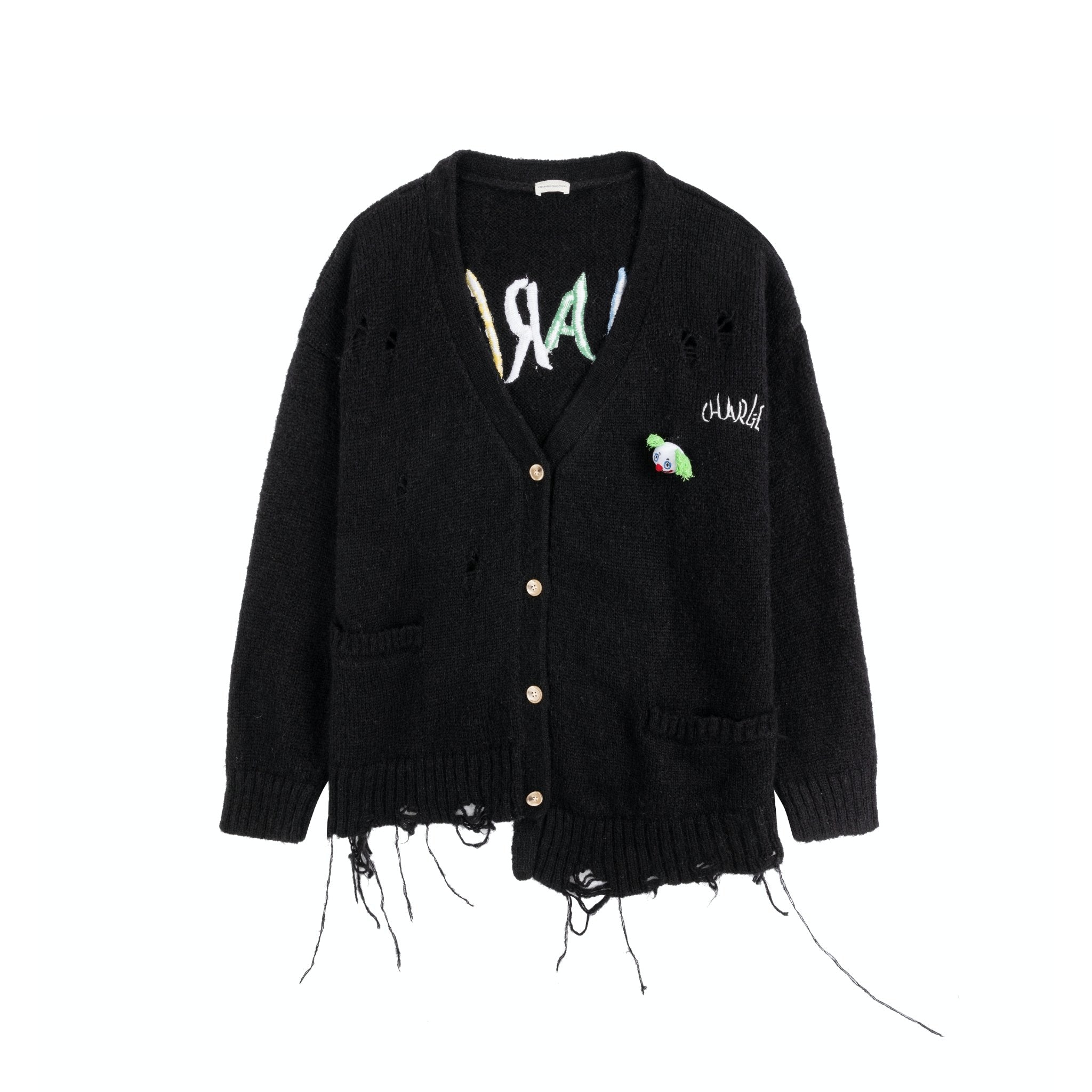 Black Destroyed Fringe Logo Print Cardigan