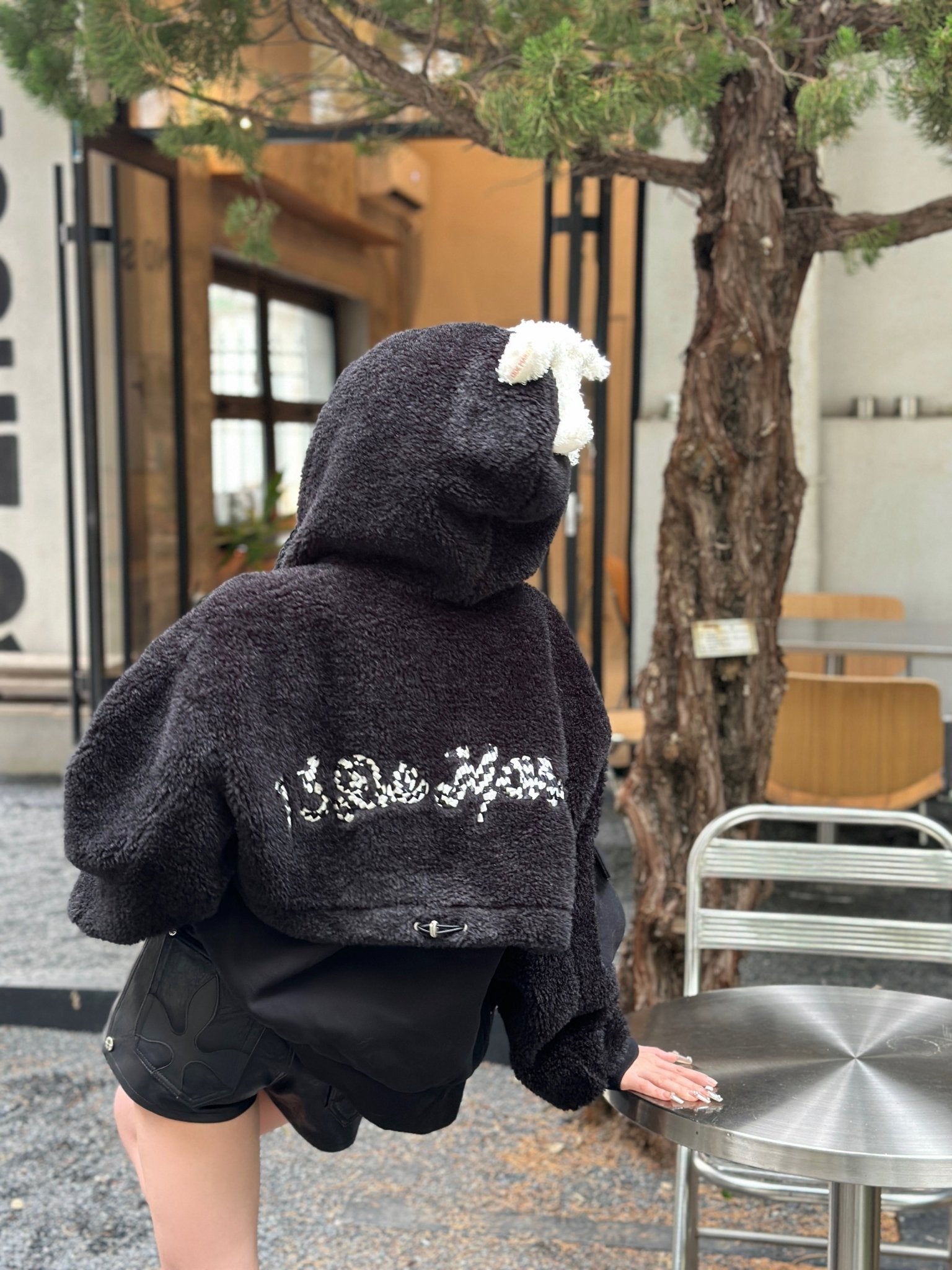 Black Fake Lamb Fur Patchwork Hoodie