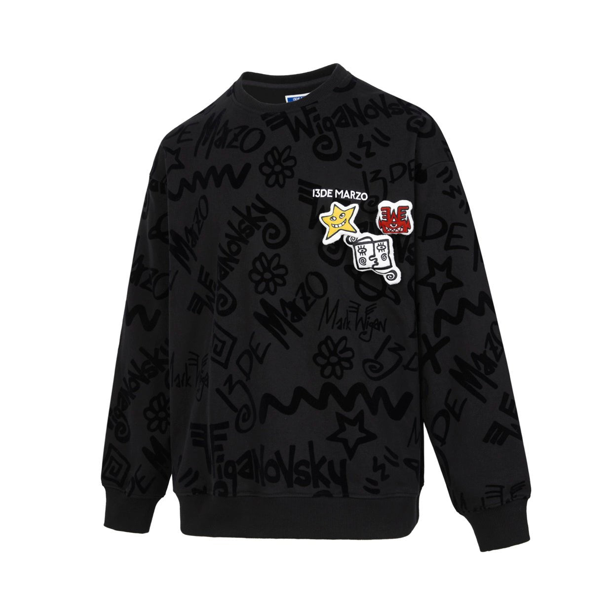 Black Full Print Flocked Sweatshirt