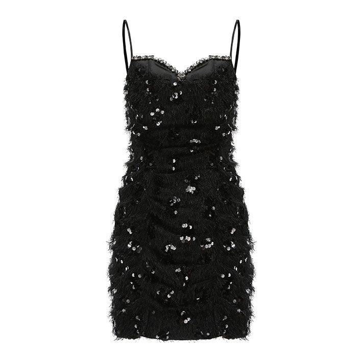 Black Fur Ruffled Halter Dress