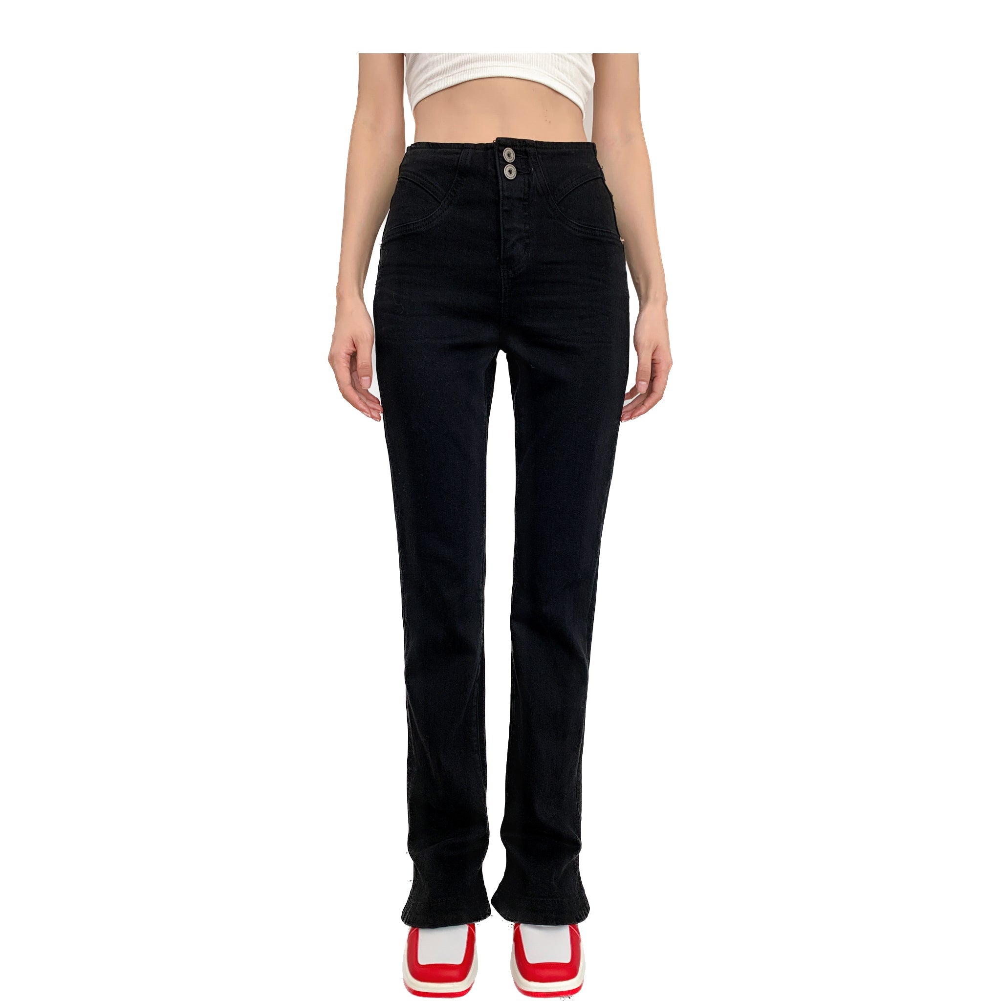 Black High Waist Stretchy Button Pants