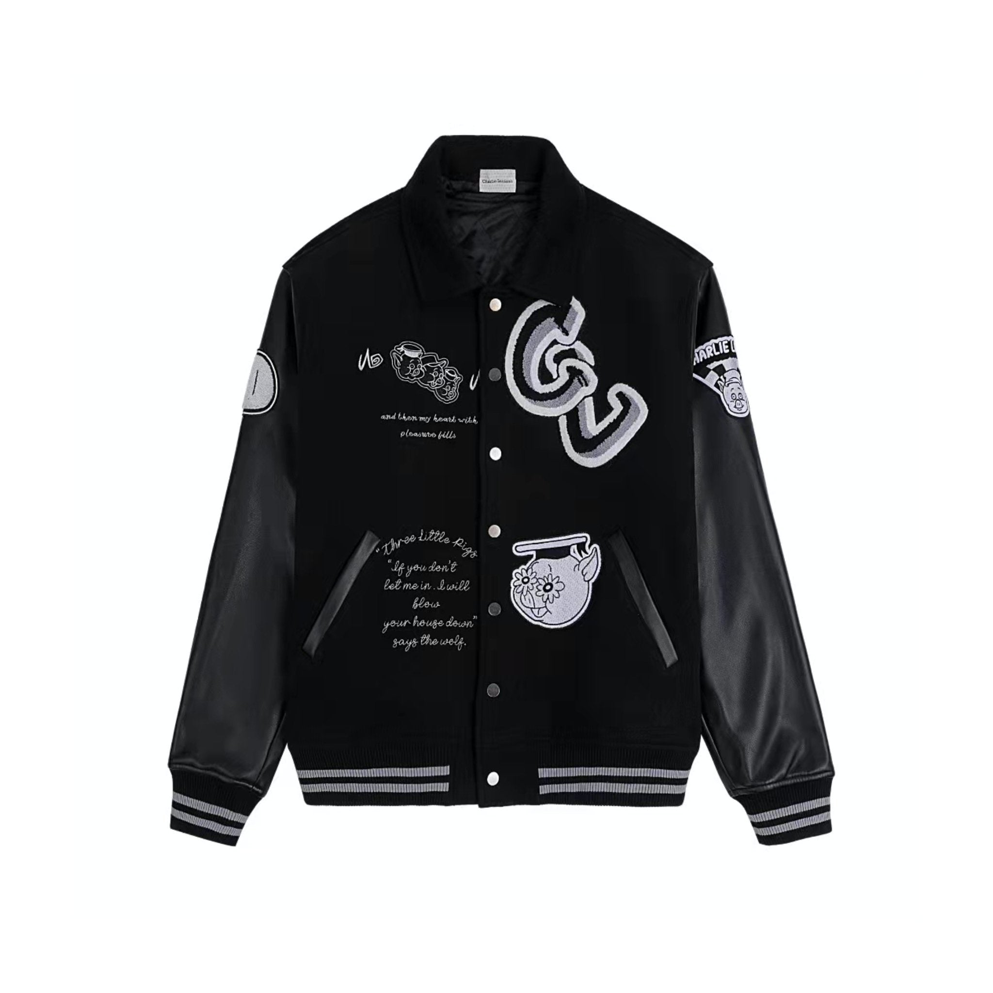 Black The Three Little Pigs Baseball Jacket