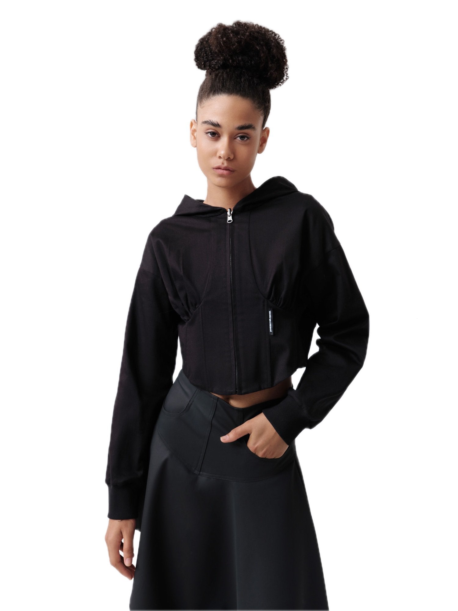 Black Tie-waisted Herringbone Hooded Sweatshirt