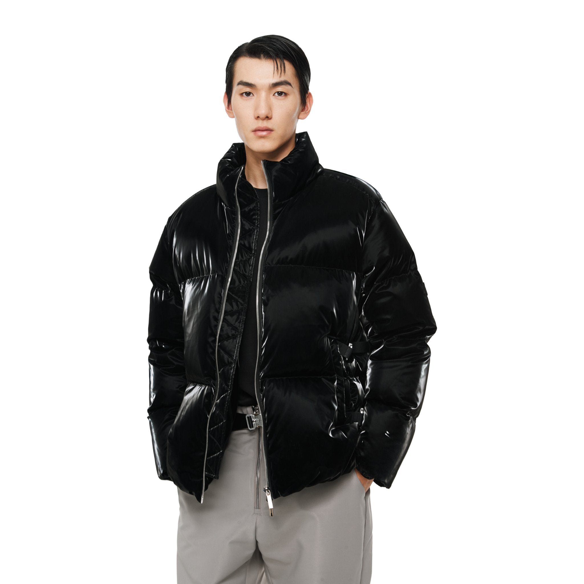 Black Water-Gloss Custom Buckle Down Jacket