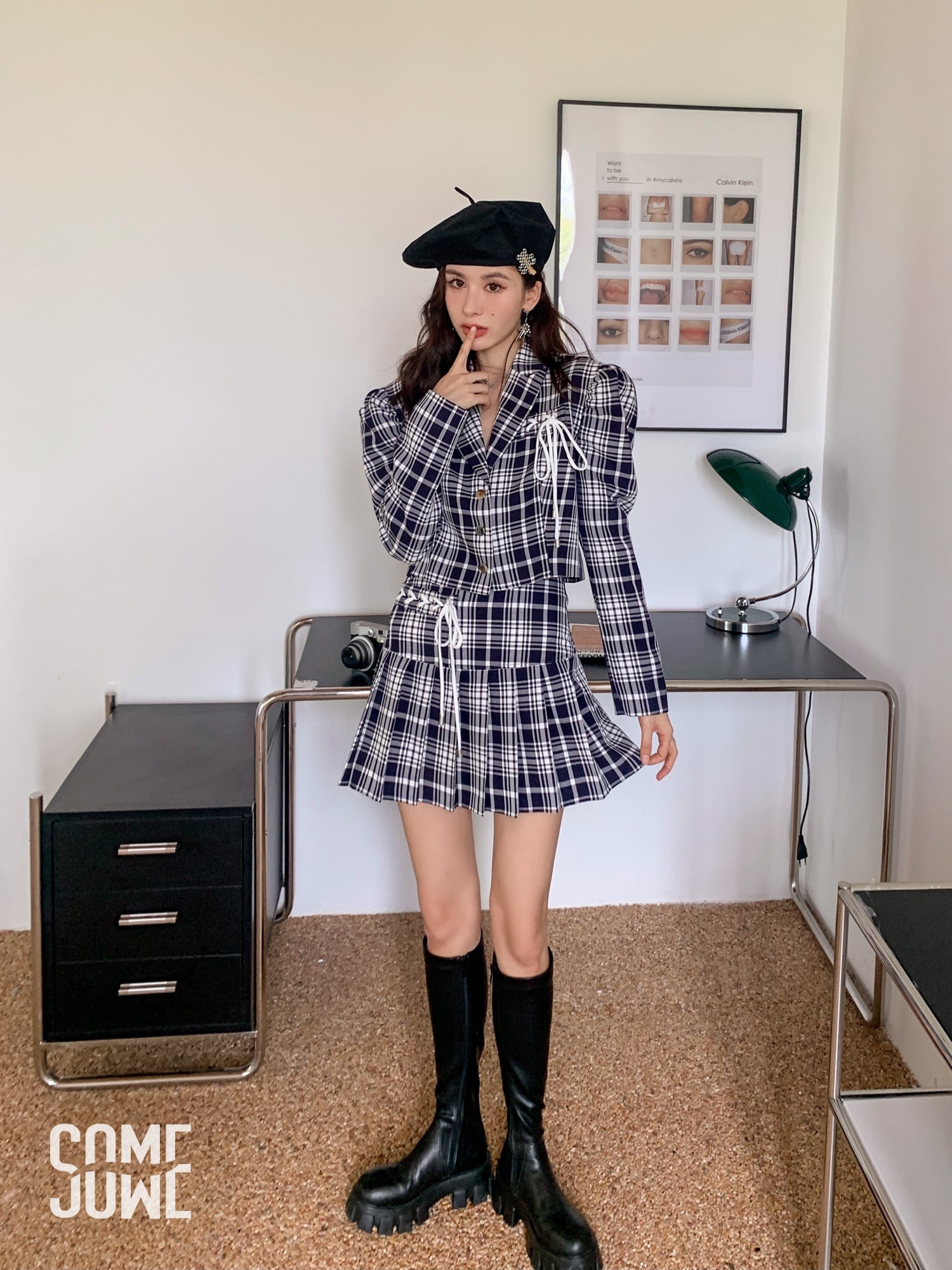 Blue Checkered Jacket And Skirt Set