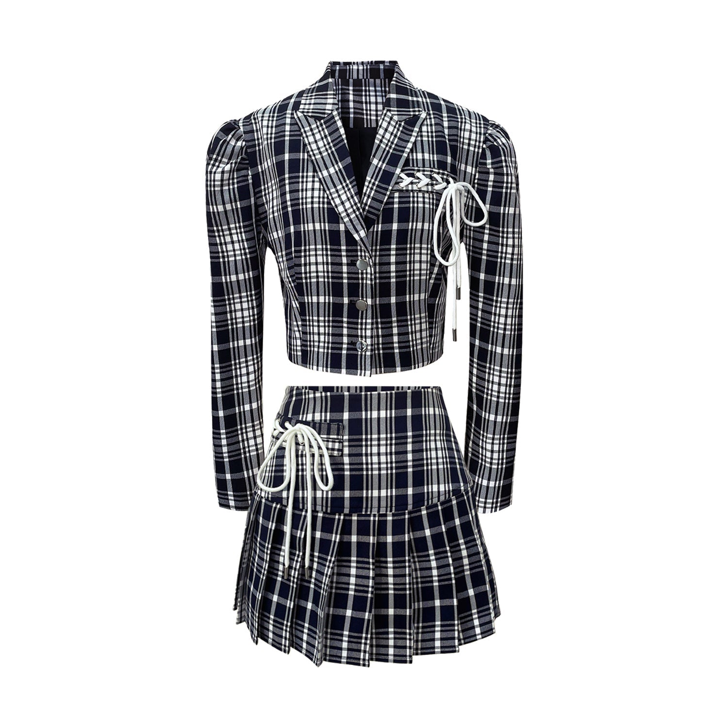 Blue Checkered Jacket And Skirt Set