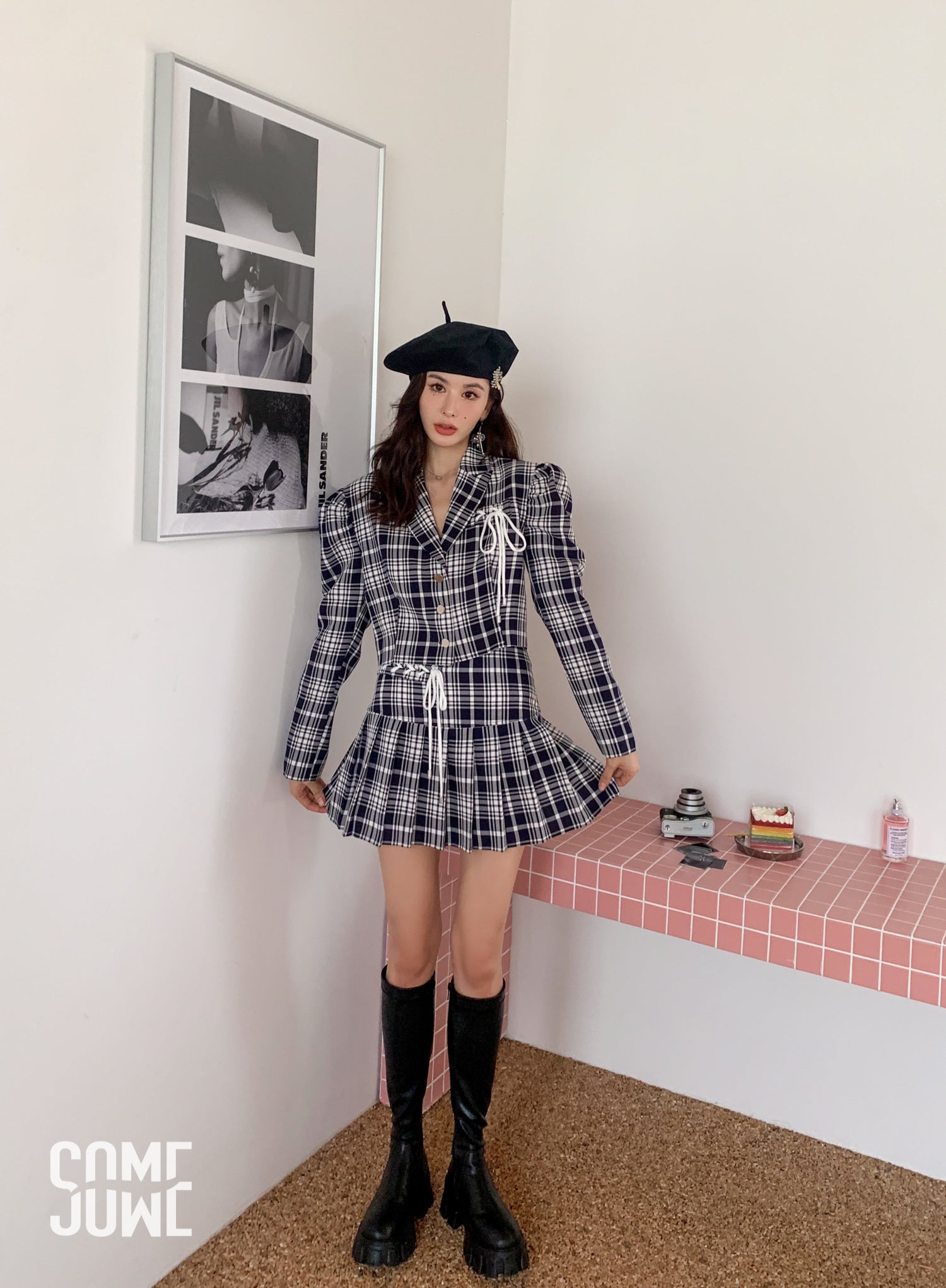 Blue Checkered Jacket And Skirt Set