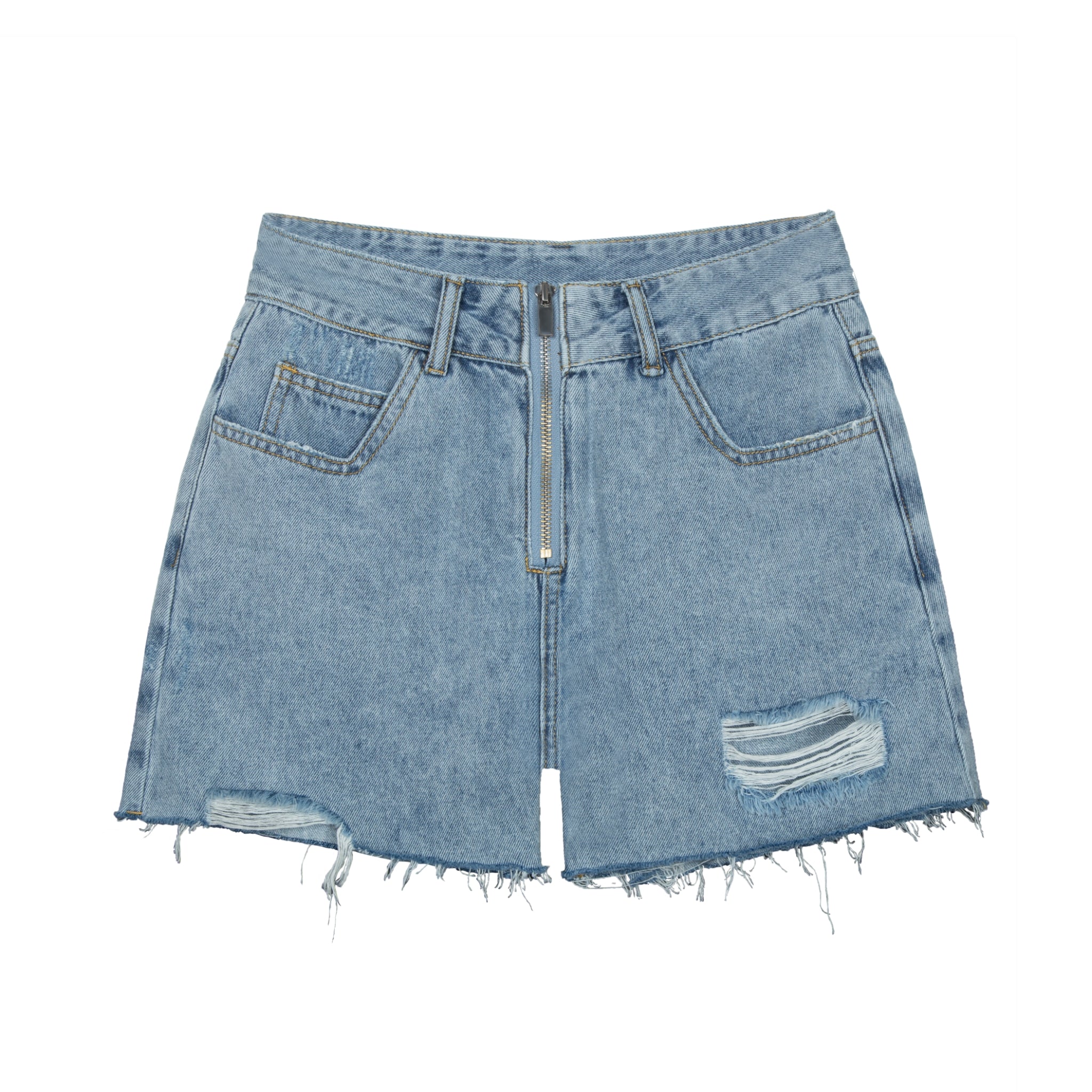 Blue Customized Laser Logo Zip Brushed Ripped Denim Shorts