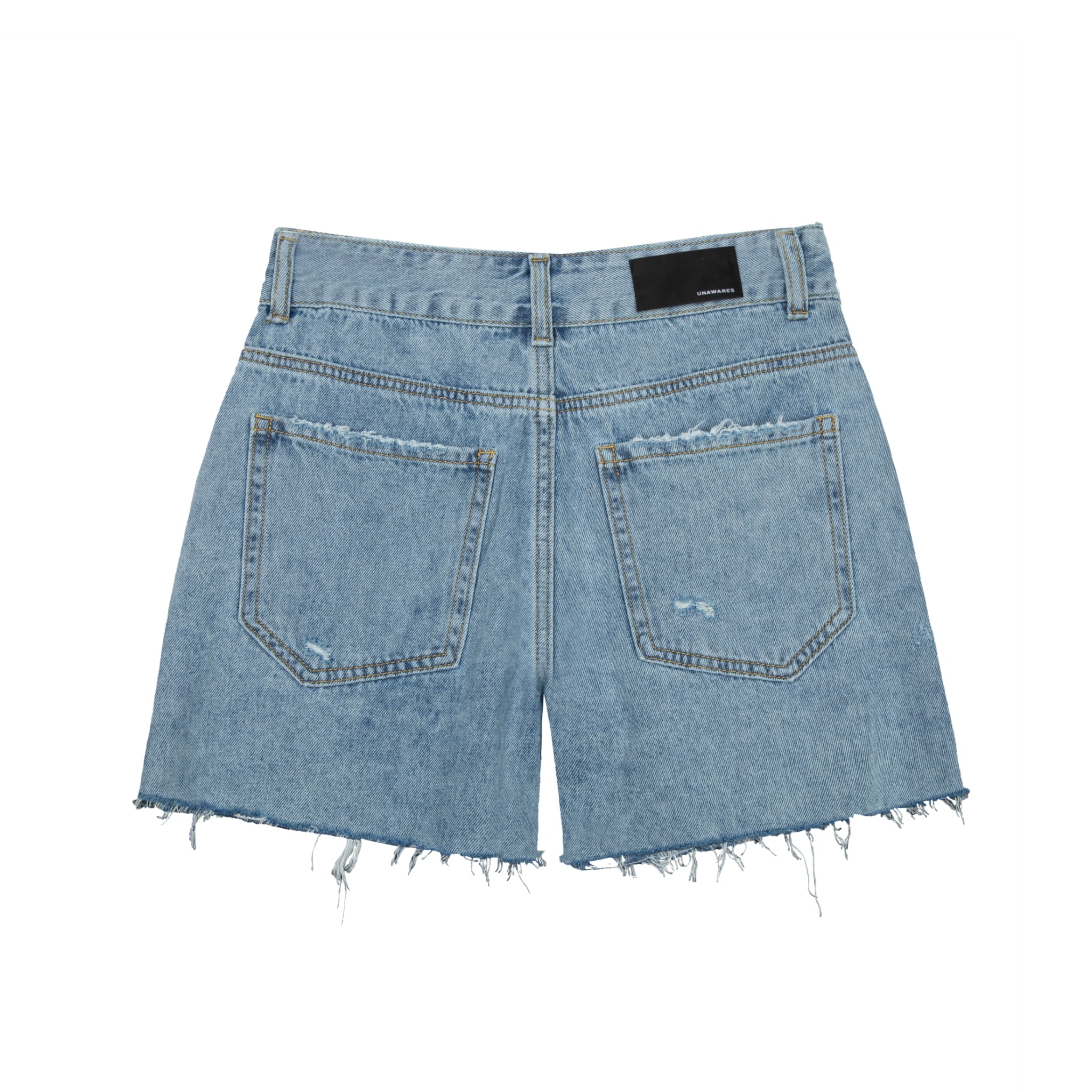 Blue Customized Laser Logo Zip Brushed Ripped Denim Shorts