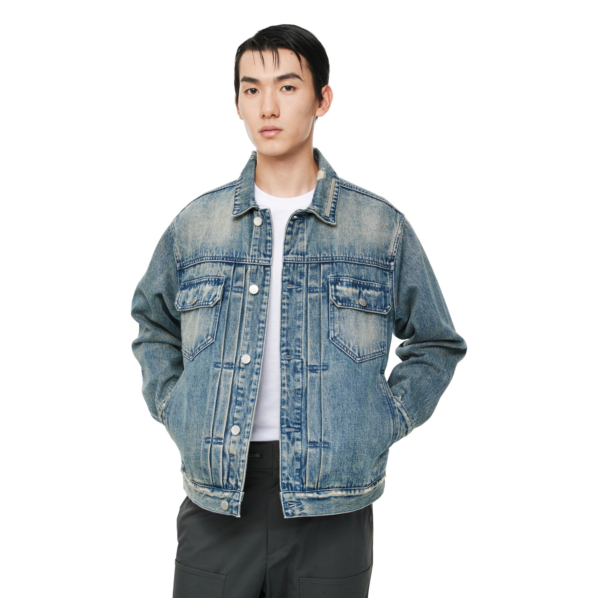 Blue Mirror Metal Strip Washed Denim Jacket