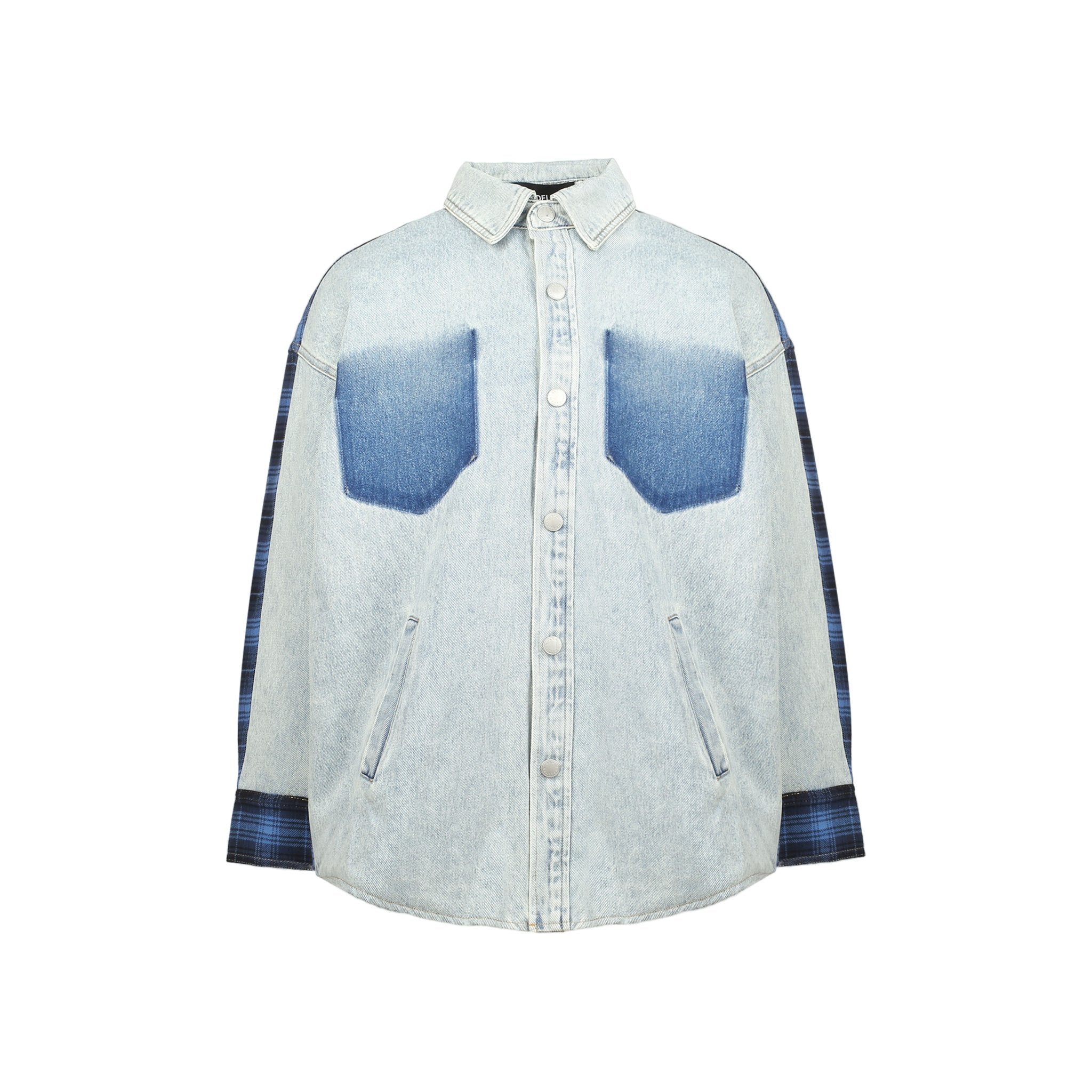 Blue Plaid Patchwork Denim Shirt