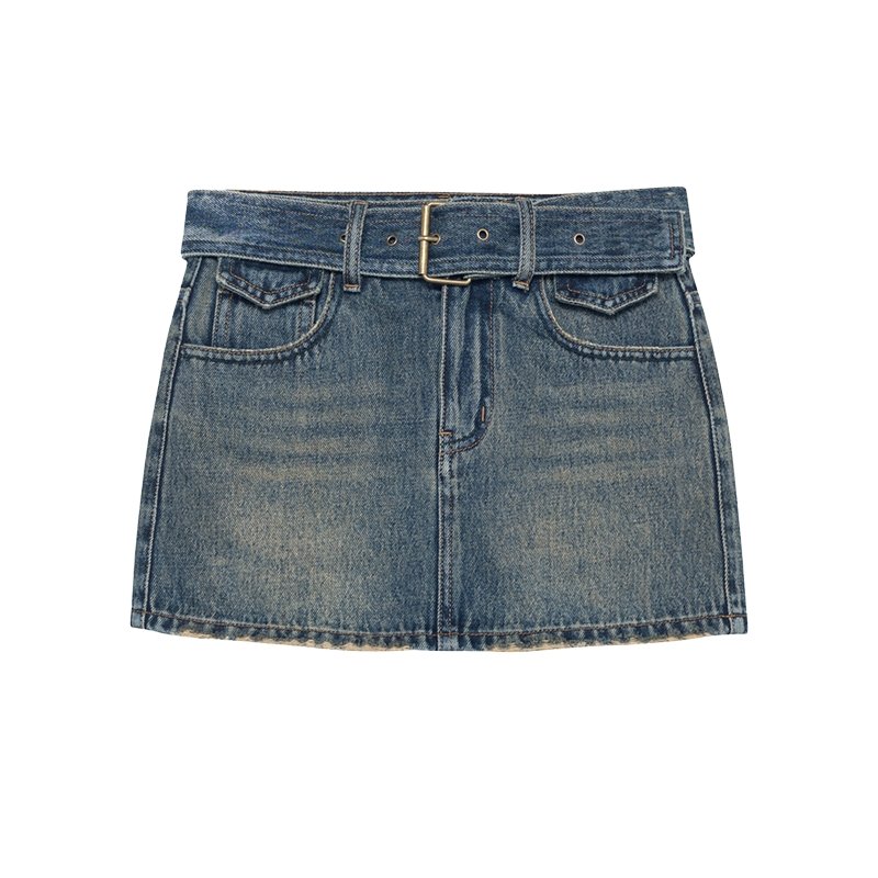 Blue Retro Wide Belt Jean Skirt