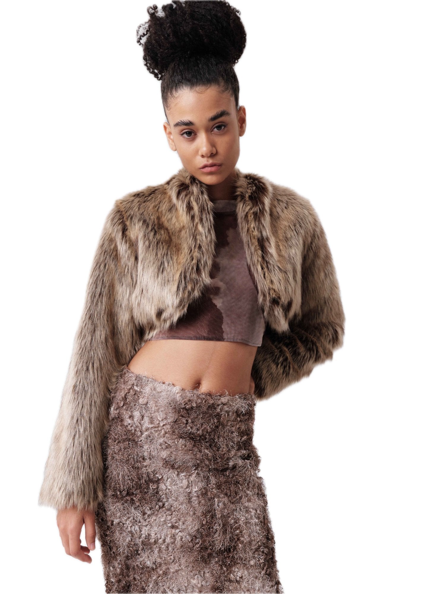 Brown Batik Custom-woven Faux Fur Short Jacket