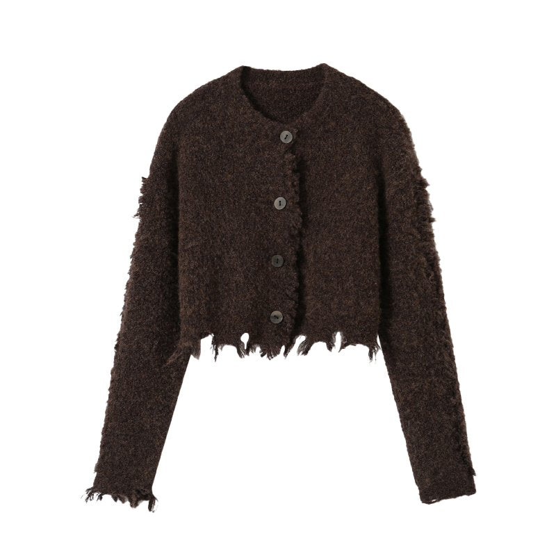 Brown Destructed Retro Cardigan