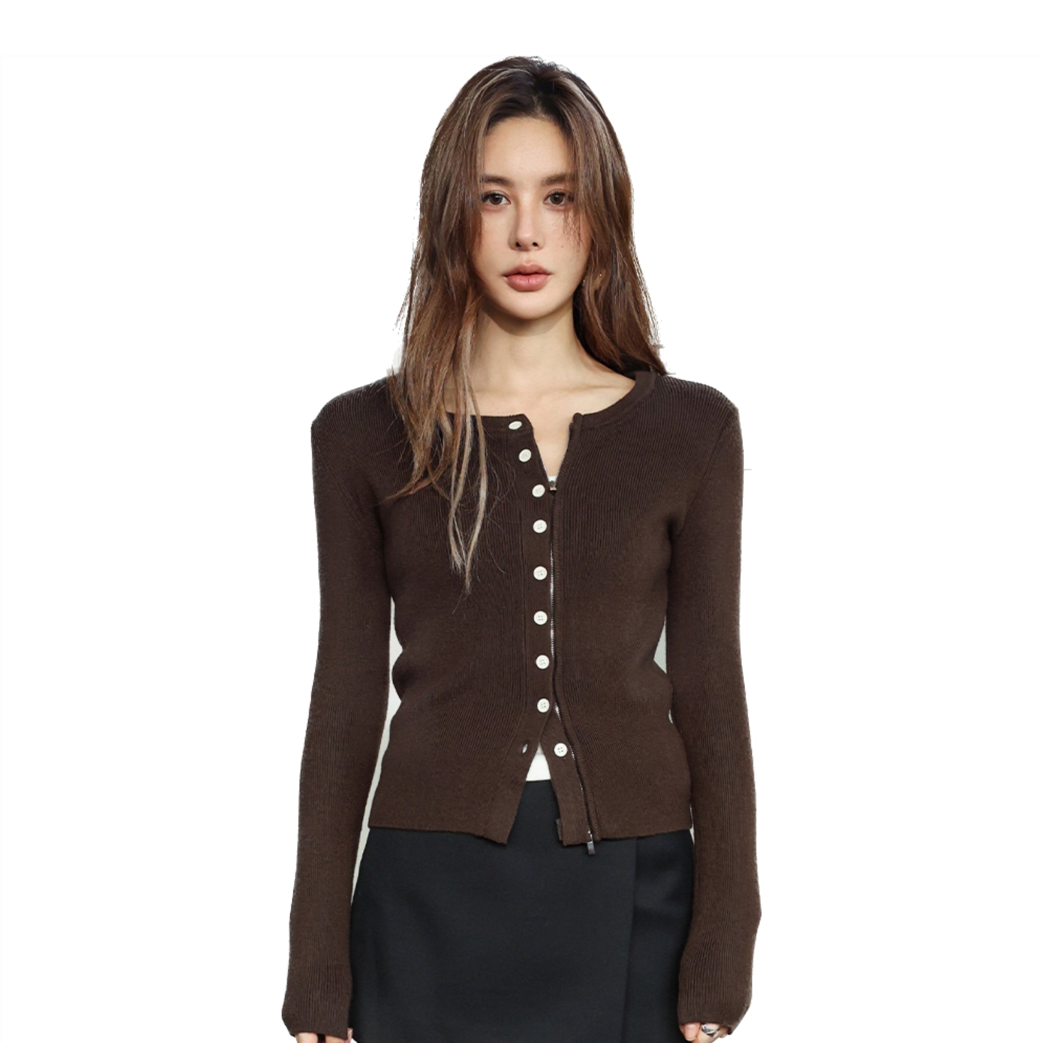 Brown Double Lapel Knit Cardigan