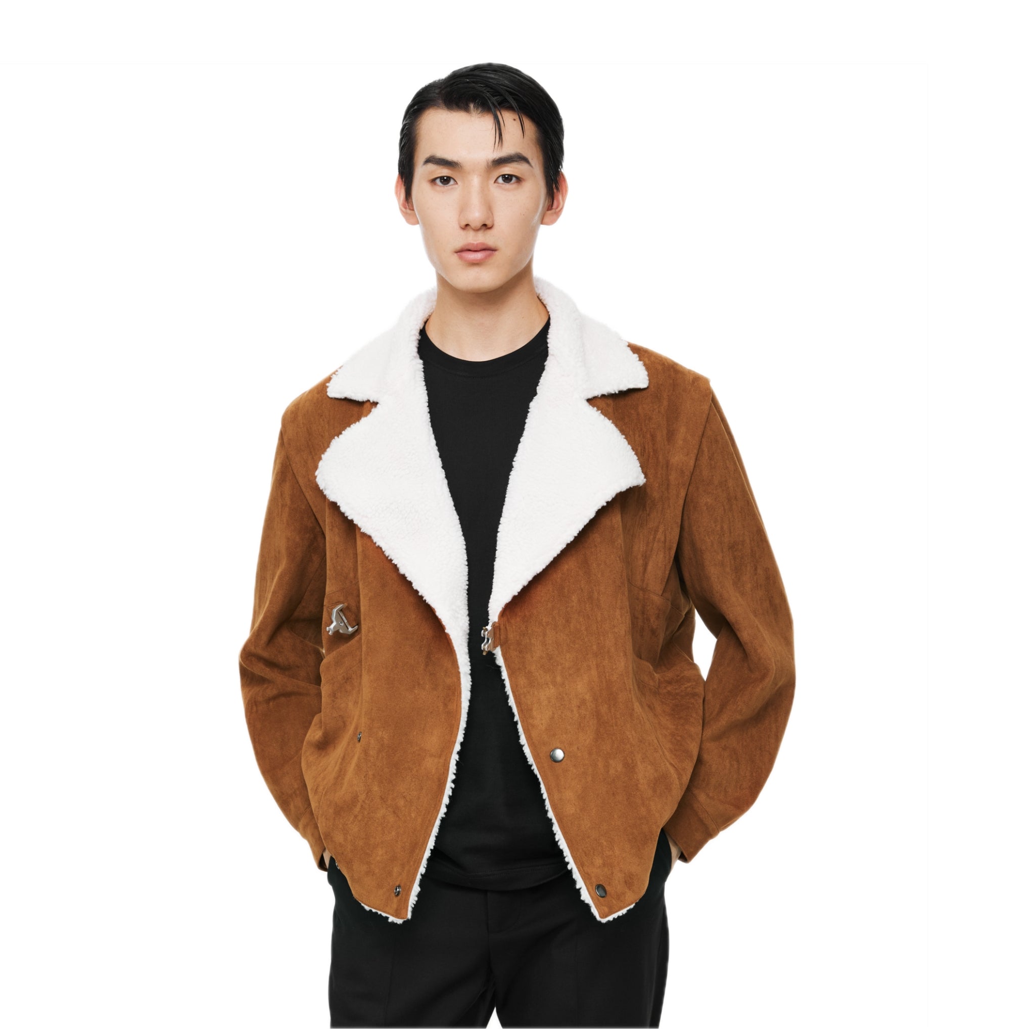 Brown Lambswool Lapel Buckle Suede Jacket