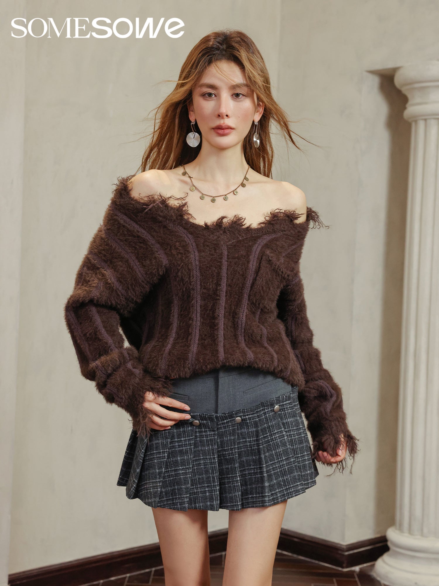 Brown V-Neck Faux Mink Pocket Sweater