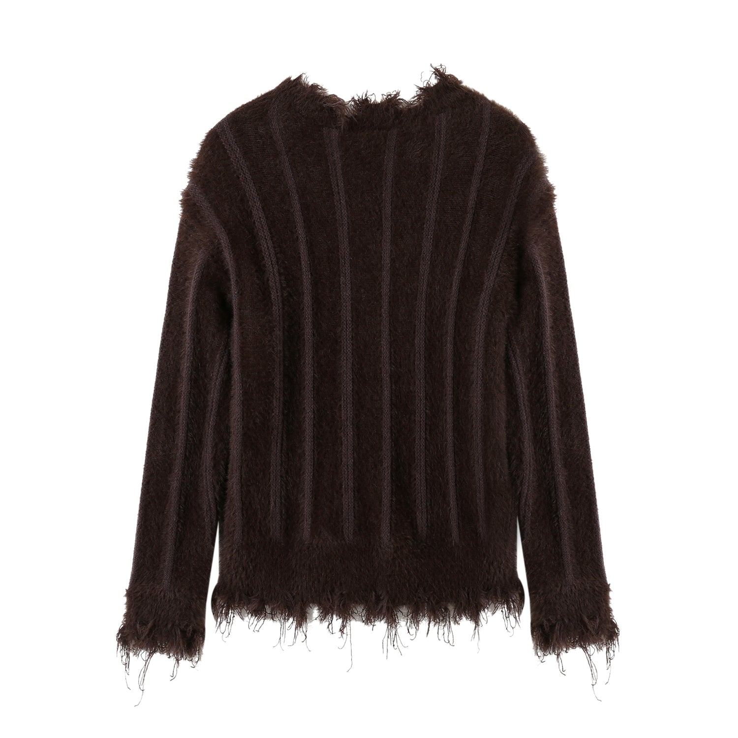 Brown V-Neck Faux Mink Pocket Sweater