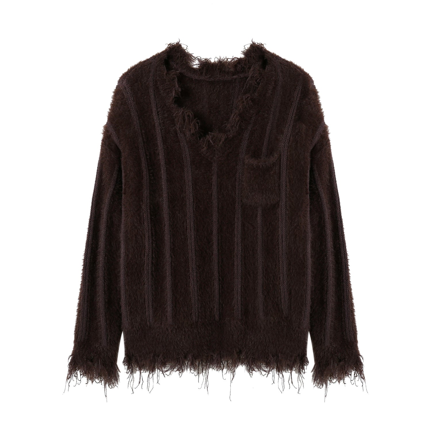 Brown V-Neck Faux Mink Pocket Sweater