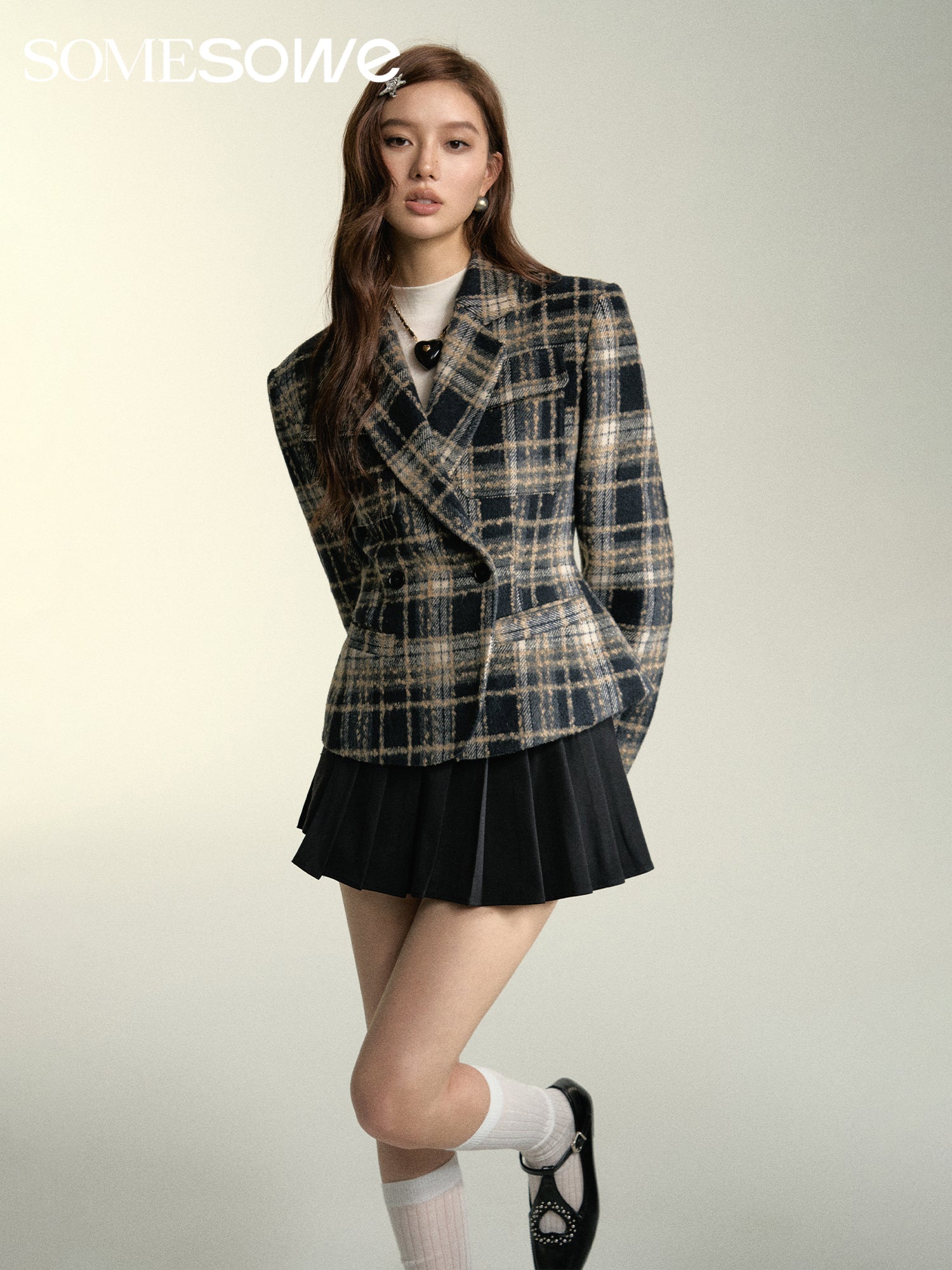 Checkered Waist-cinching Jacket Coat