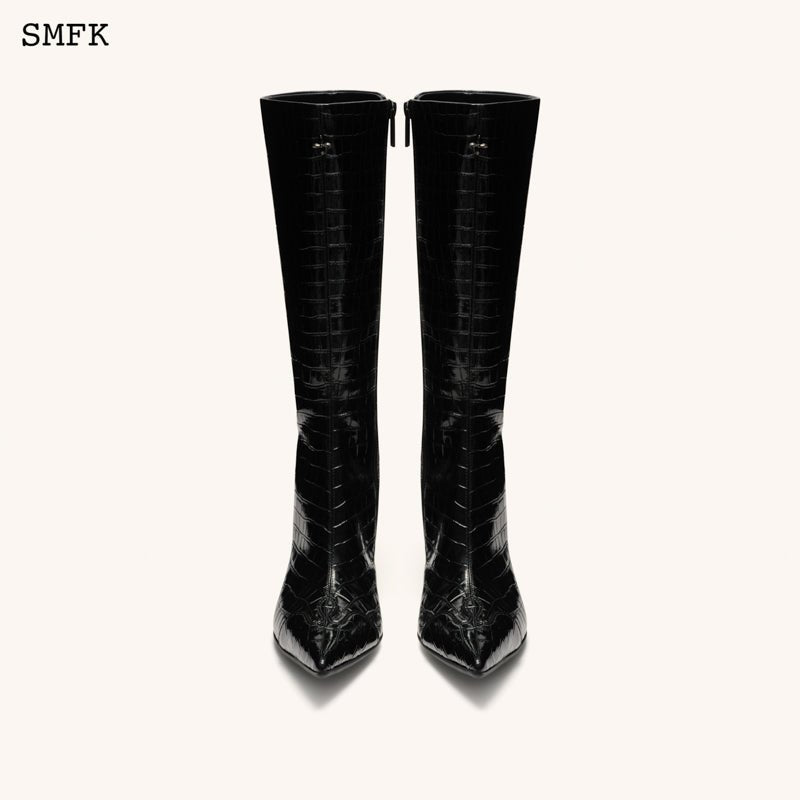 Compass Black Crocodile-Embossed Leather High Boots