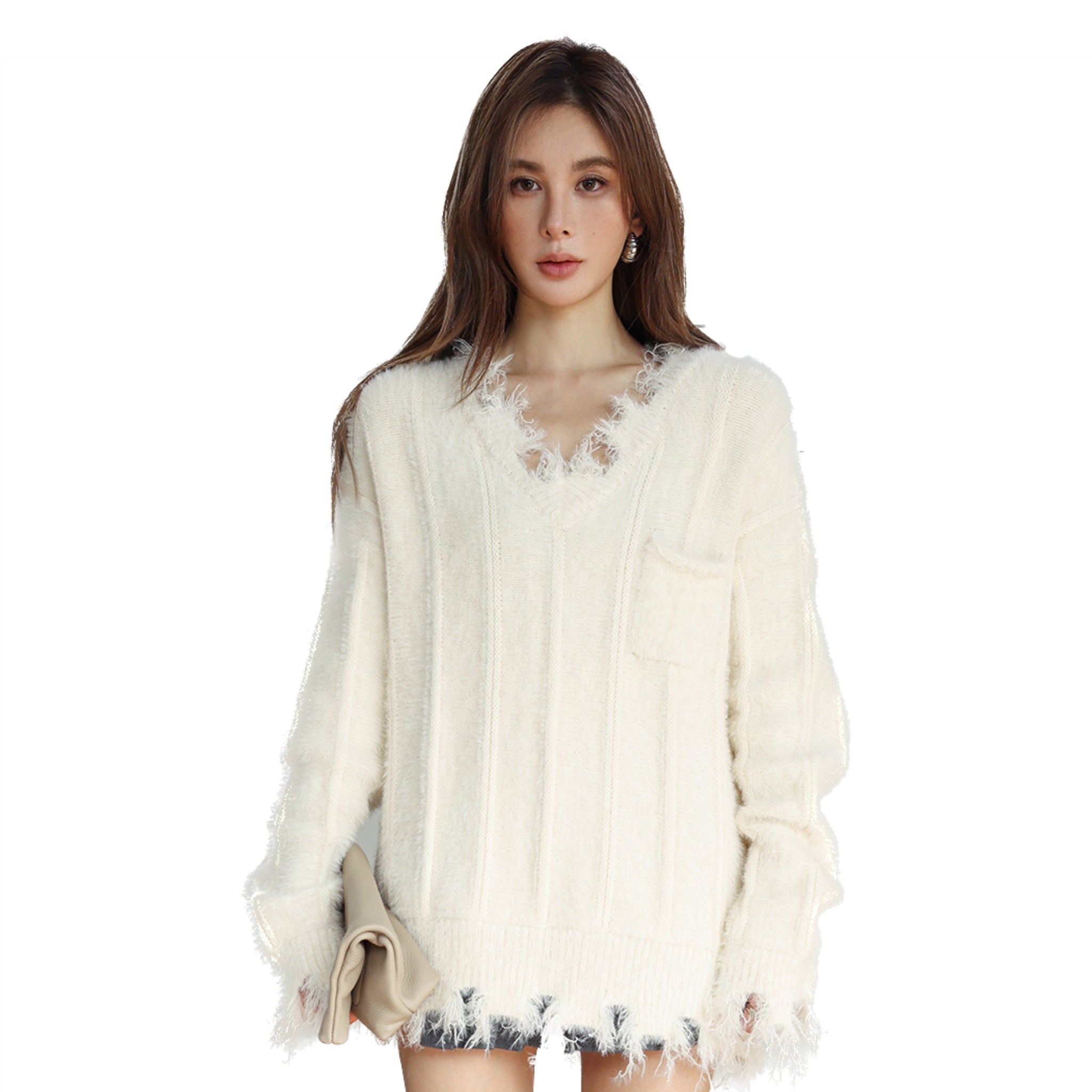 Cream V-Neck Faux Mink Pocket Sweater