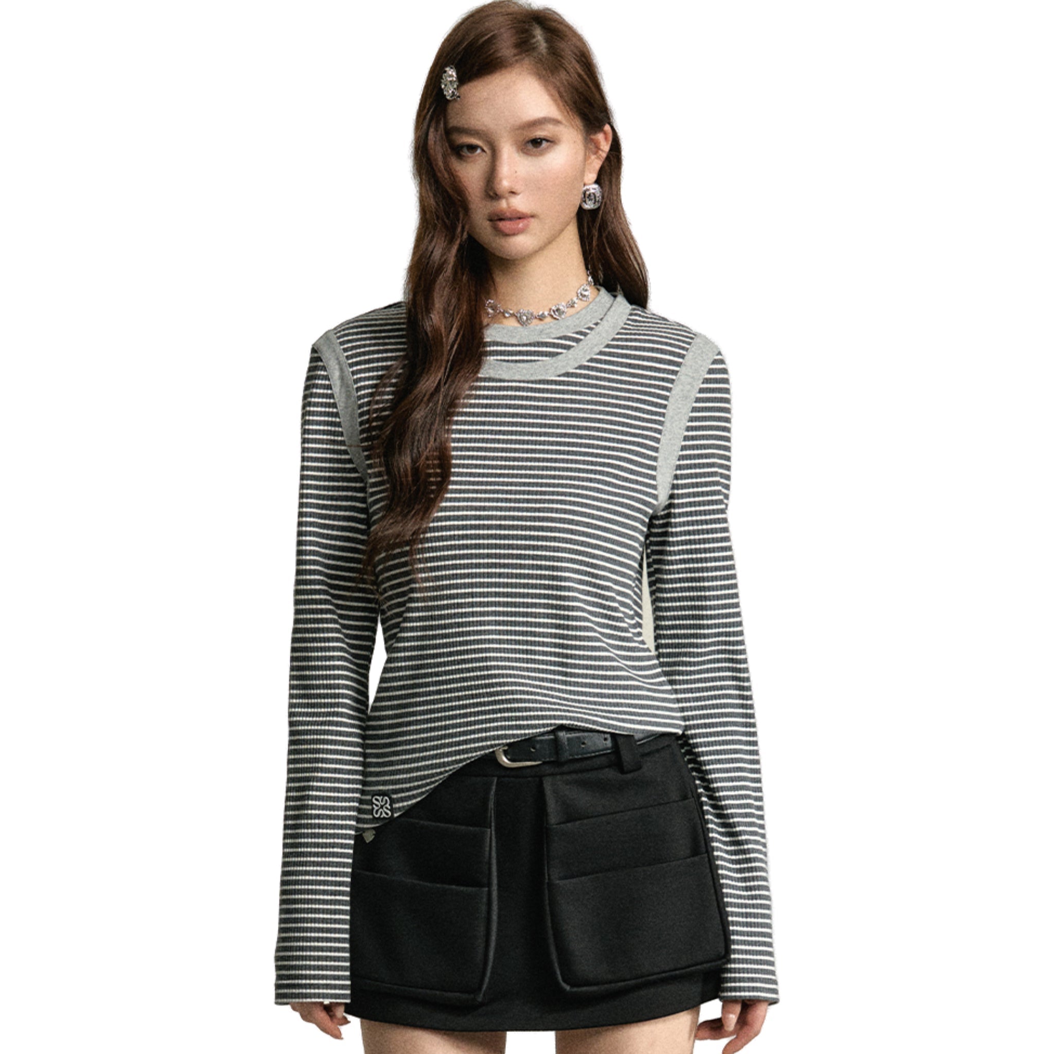 Dark Grey Strip Double Collar Long Sleeve T-shirt