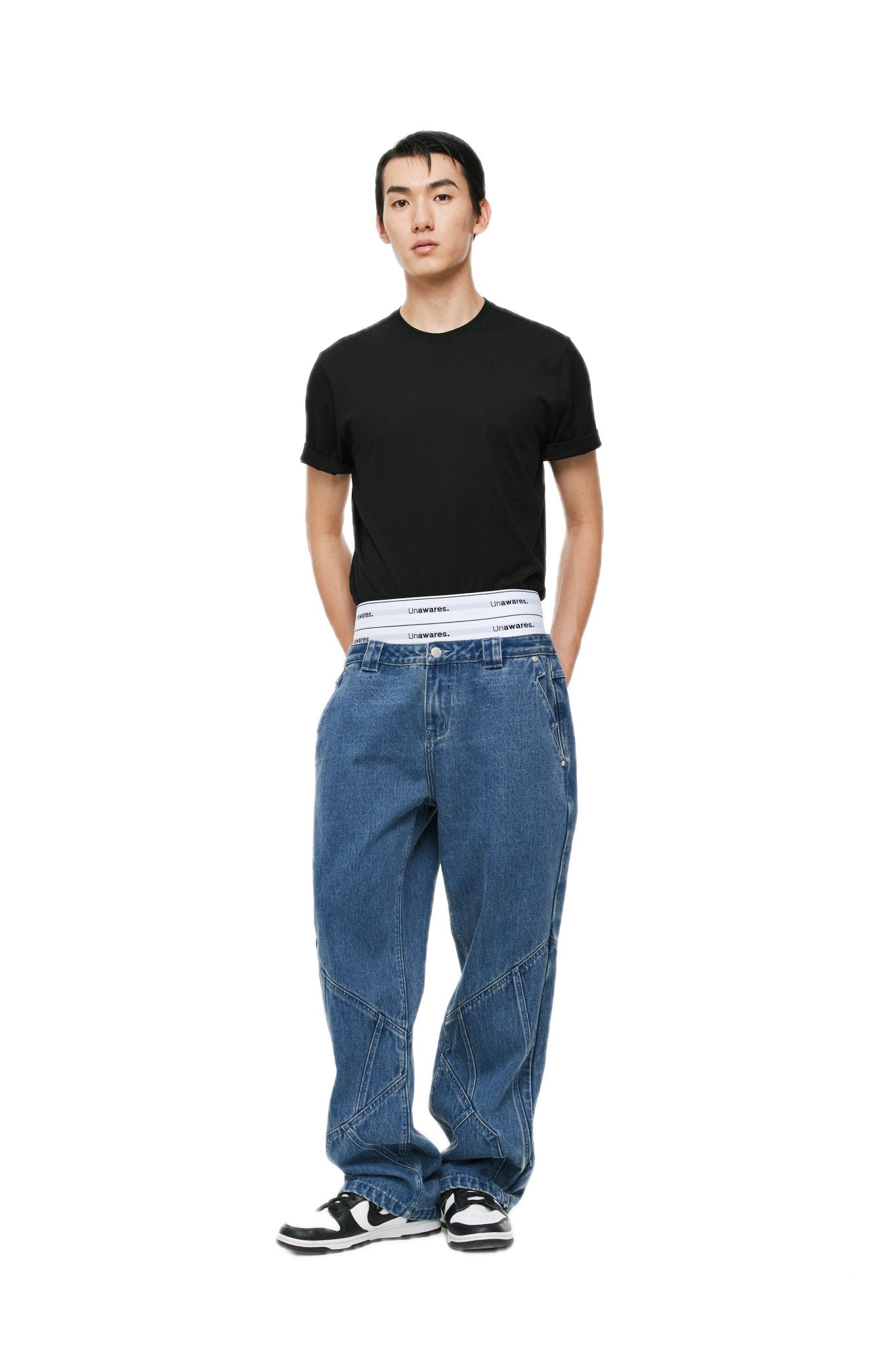 Double layer Elastic Waistband Patchwork Cut Washed Jeans