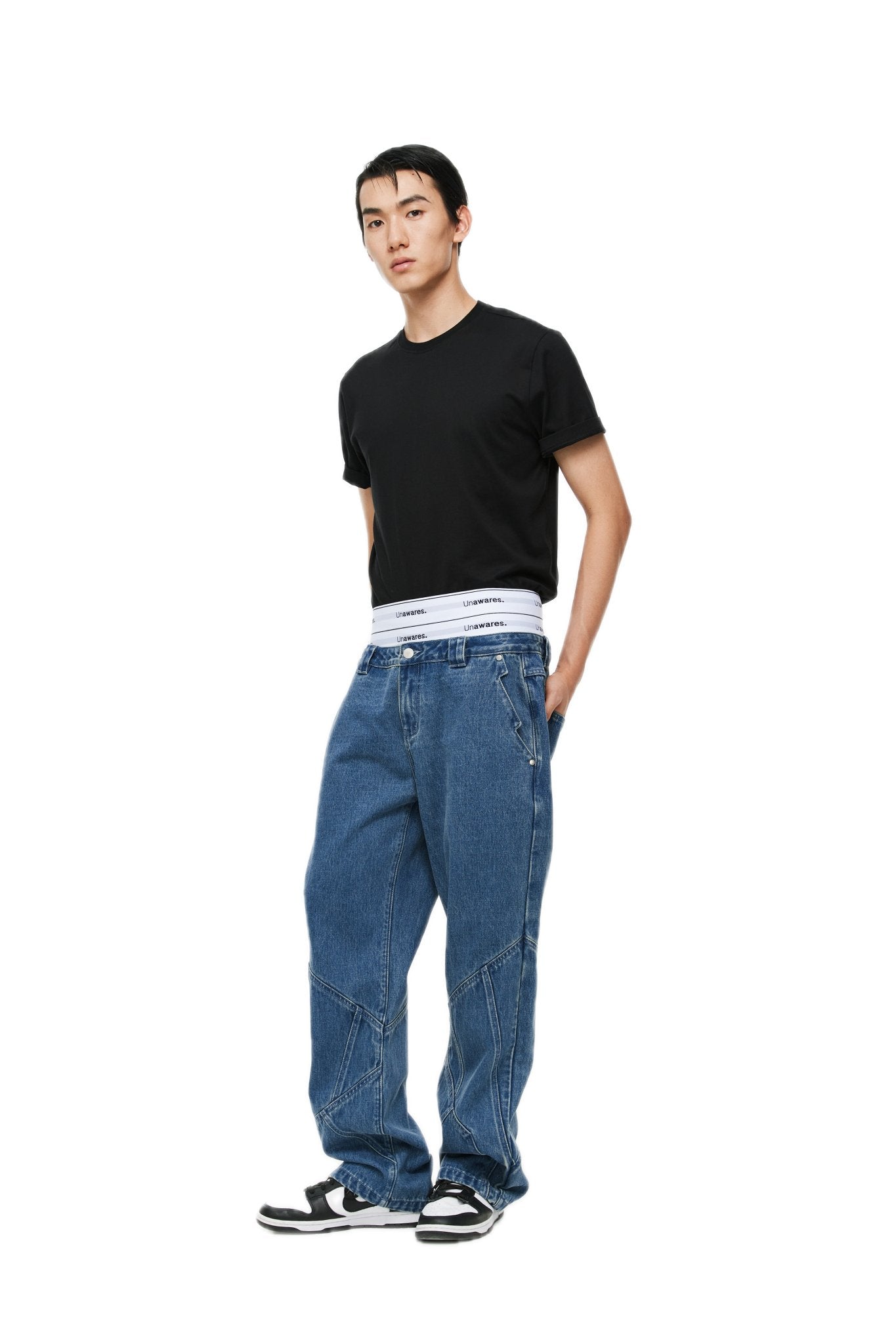 Double layer Elastic Waistband Patchwork Cut Washed Jeans