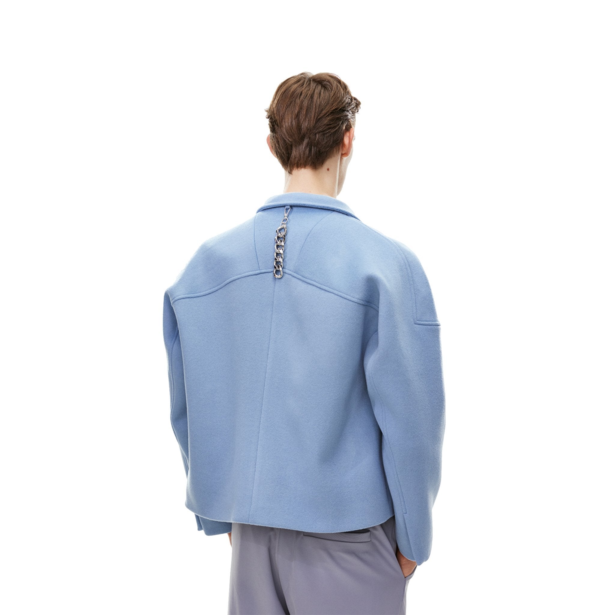 Double Row Custom Adjustable Button Short Woolen Jacket Blue