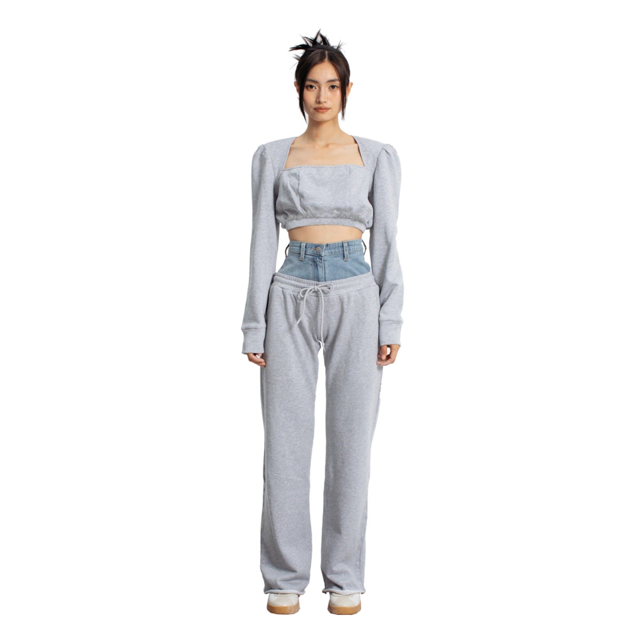 Gray Patchwork Denim Double Waist Sweatpants