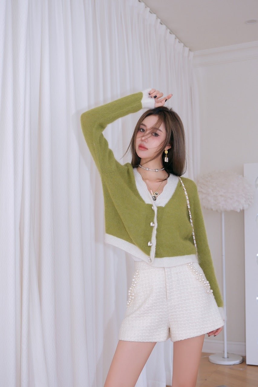 Green Pearl Trim Heart Button Cardigan