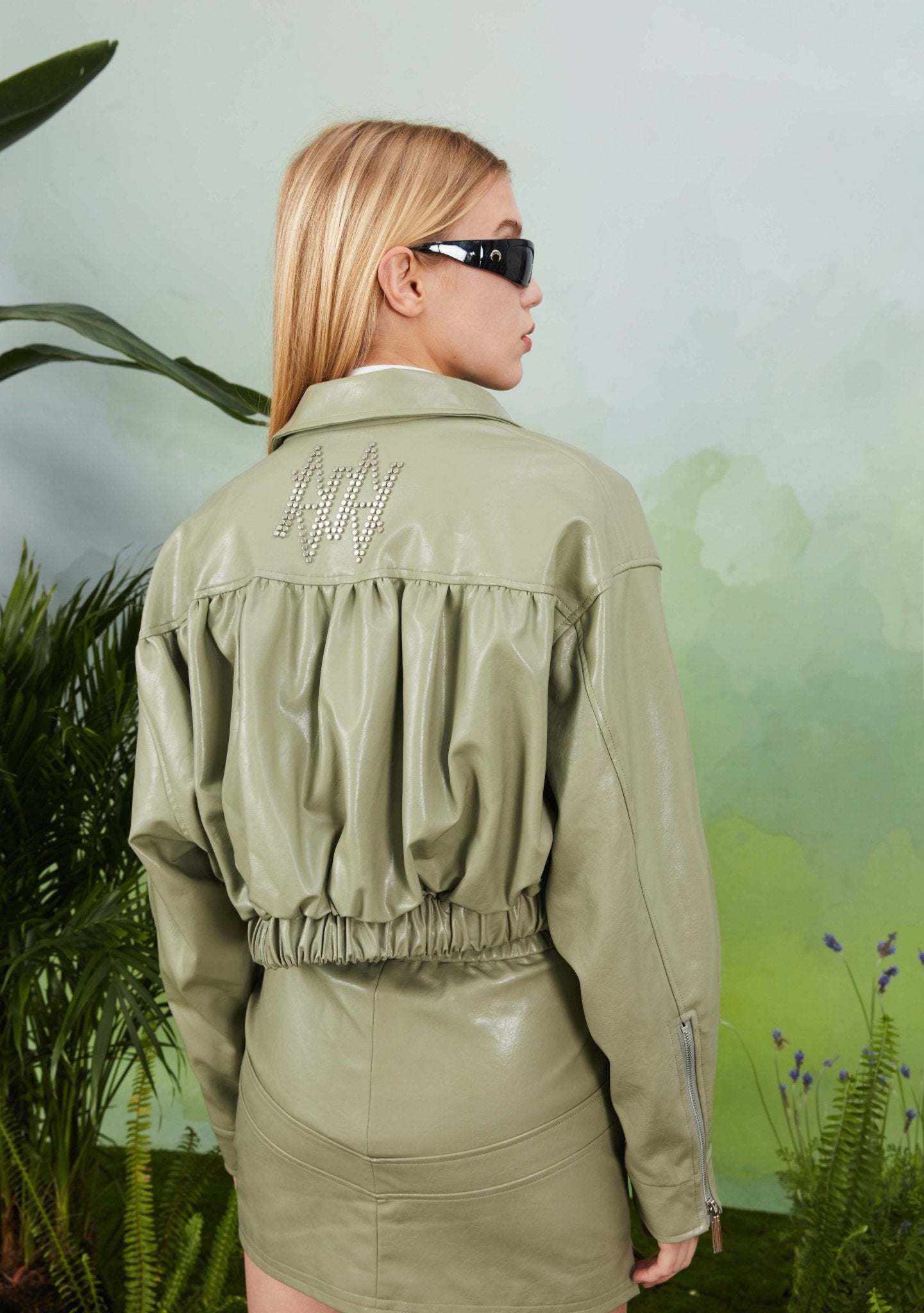 Green Women  Short Leather Coat