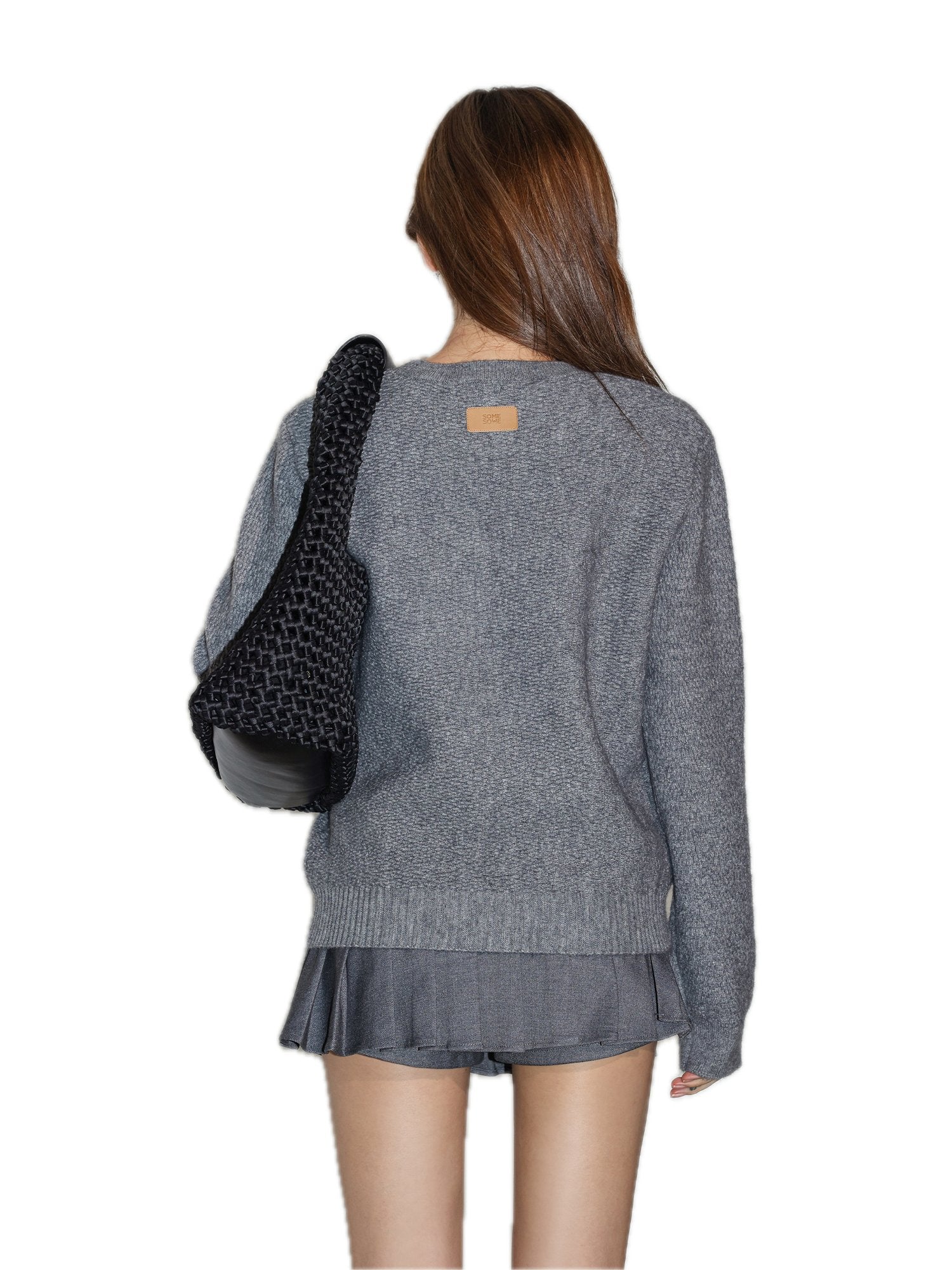 Grey Embroidered Bow Crew Neck Sweater