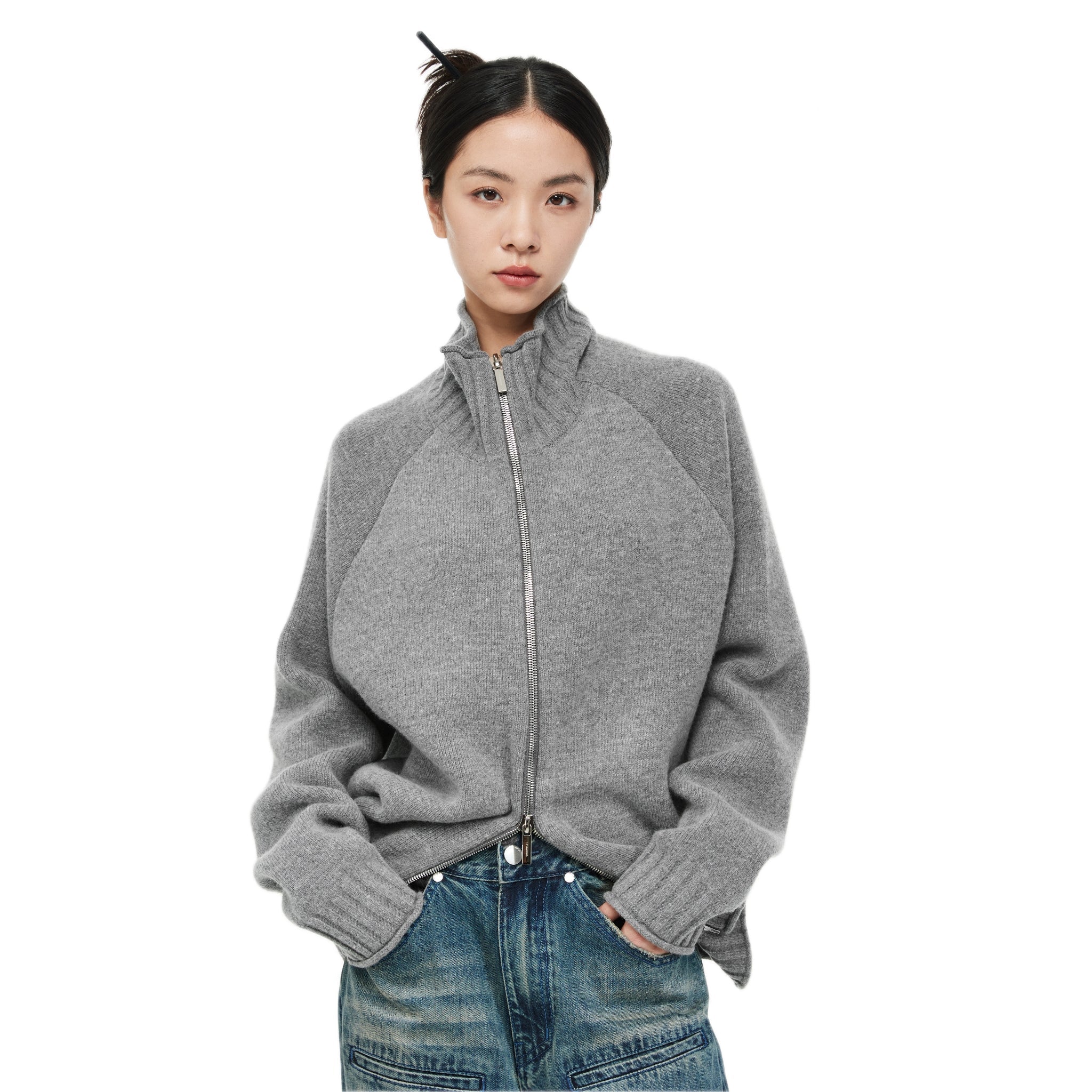 Grey Horn Sleeve Knit Wool Jacquard Zip Sweater