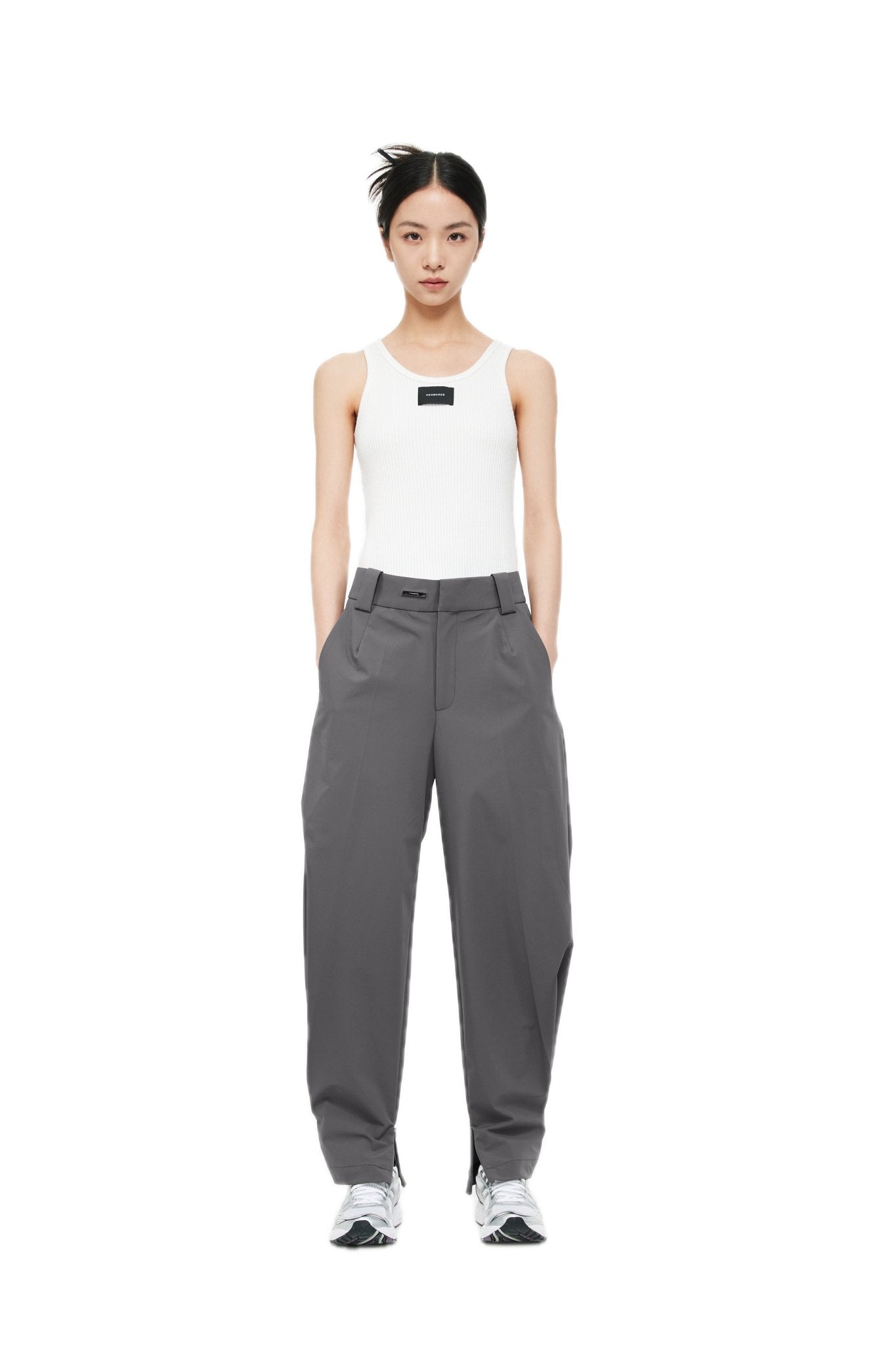 Grey Pleated Tapered Zip Slit Trousers