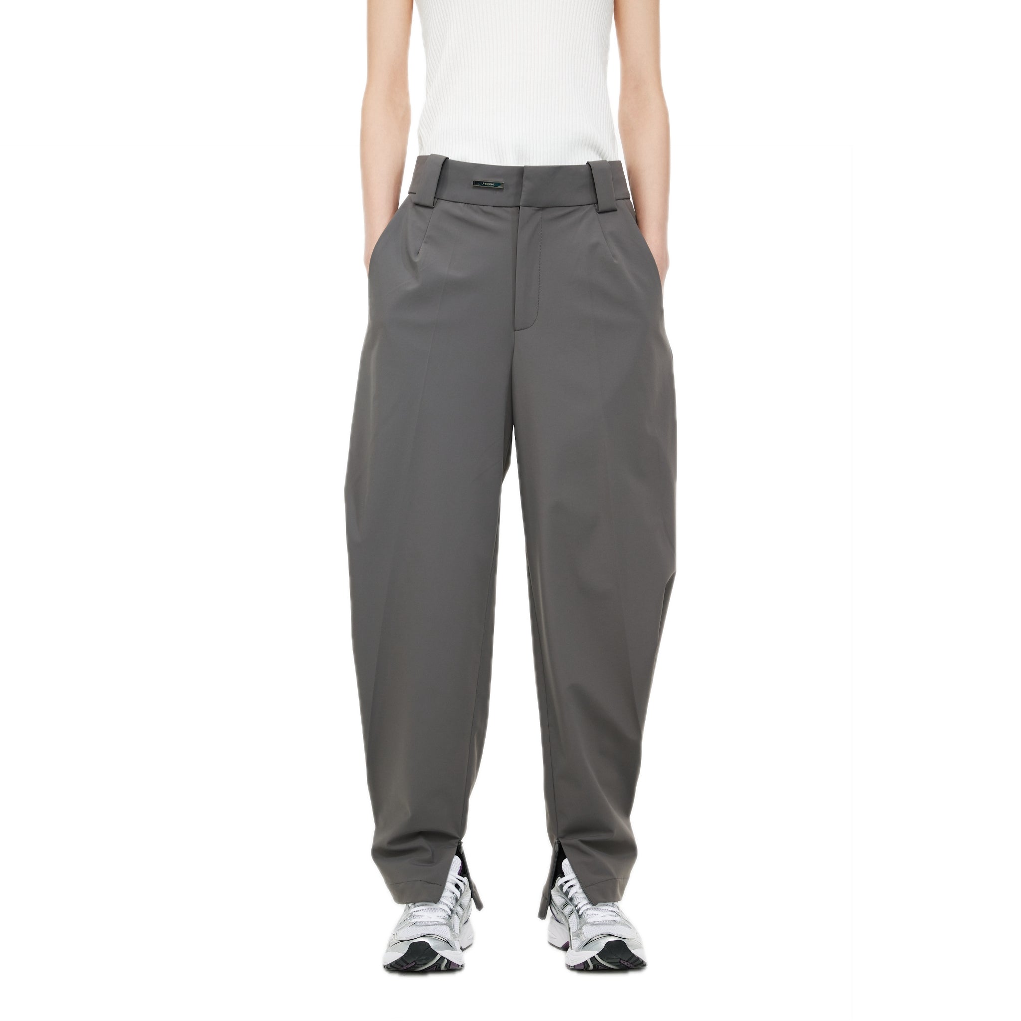 Grey Pleated Tapered Zip Slit Trousers